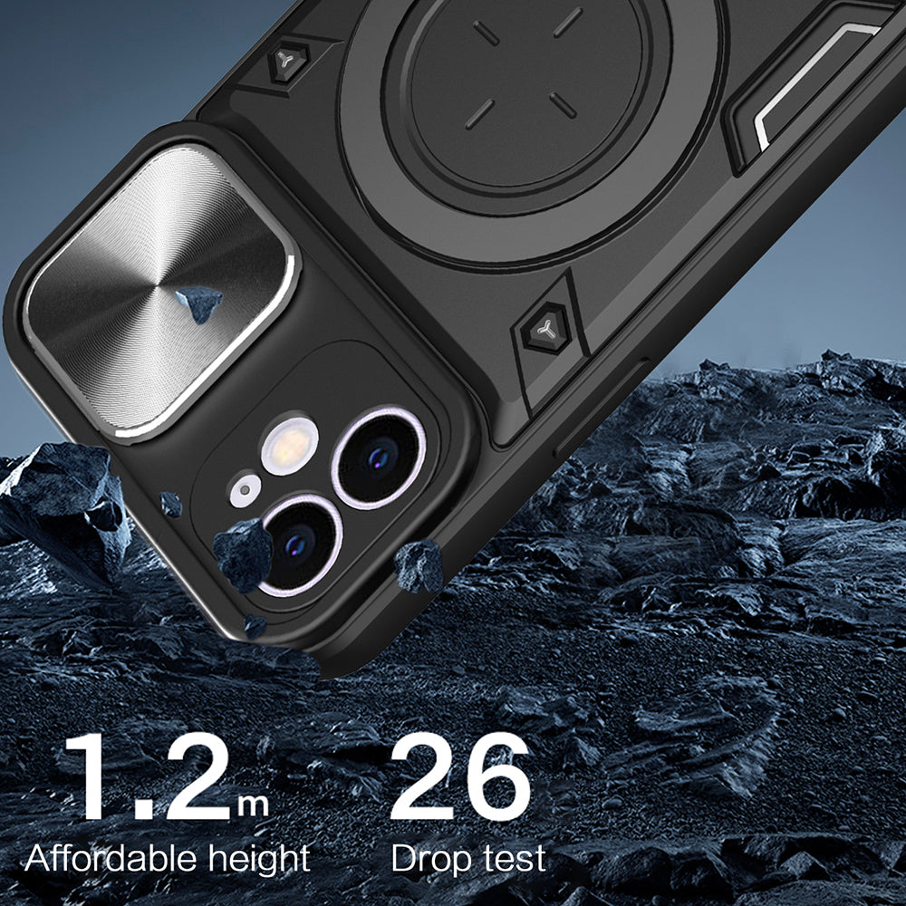 For iPhone 12 6.1 inch Slide Camera Lid Phone Case Rotatable Kickstand PC + TPU Shockproof Cover
