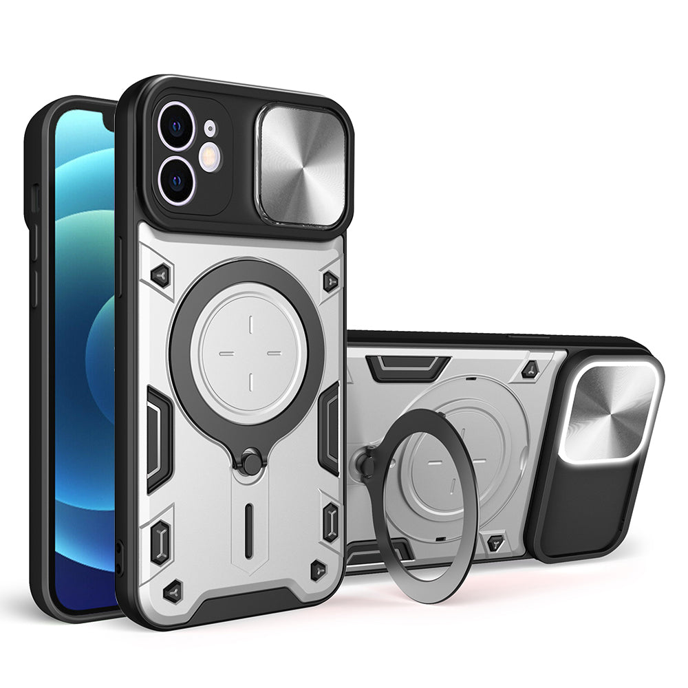 For iPhone 12 6.1 inch Slide Camera Lid Phone Case Rotatable Kickstand PC + TPU Shockproof Cover