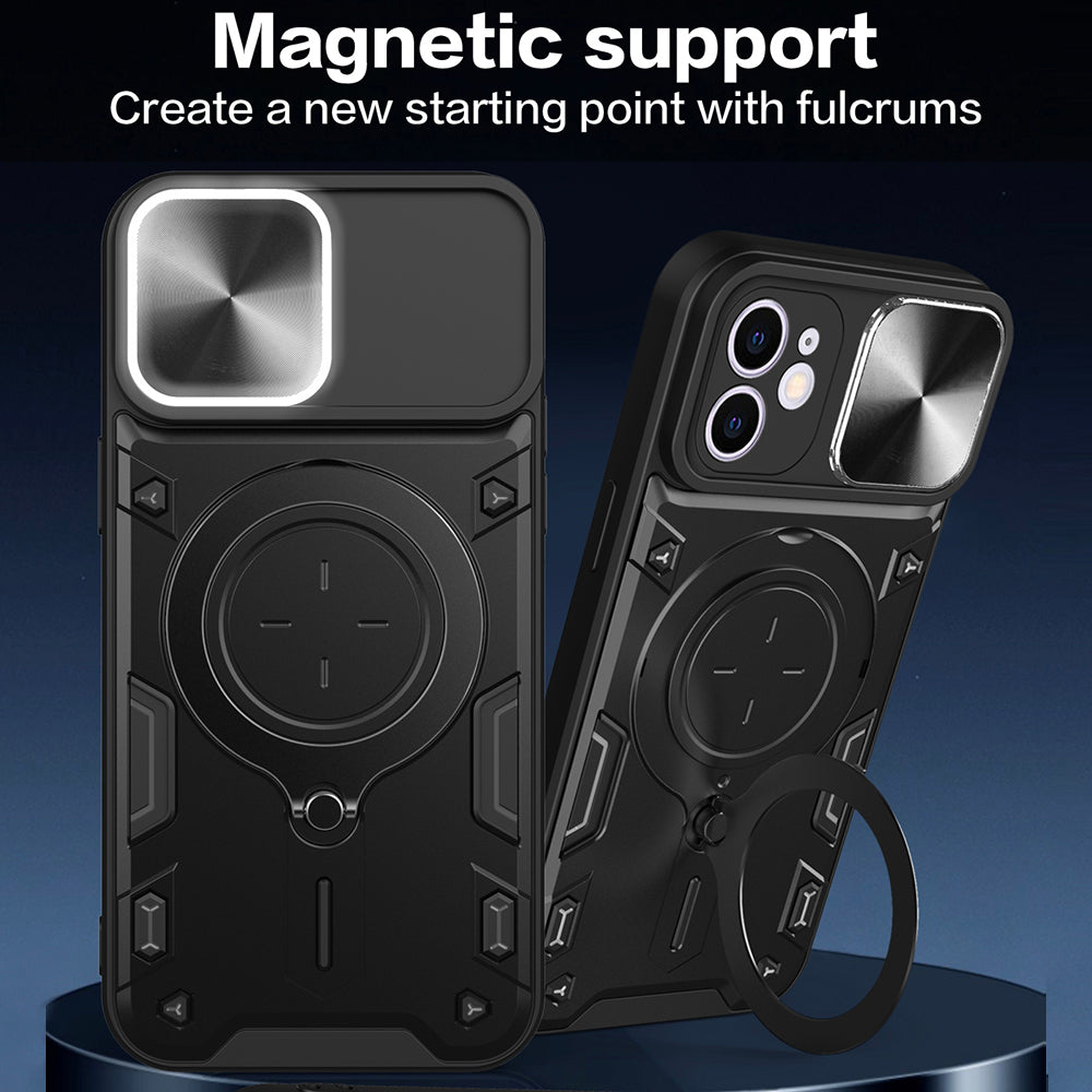 For iPhone 12 6.1 inch Slide Camera Lid Phone Case Rotatable Kickstand PC + TPU Shockproof Cover