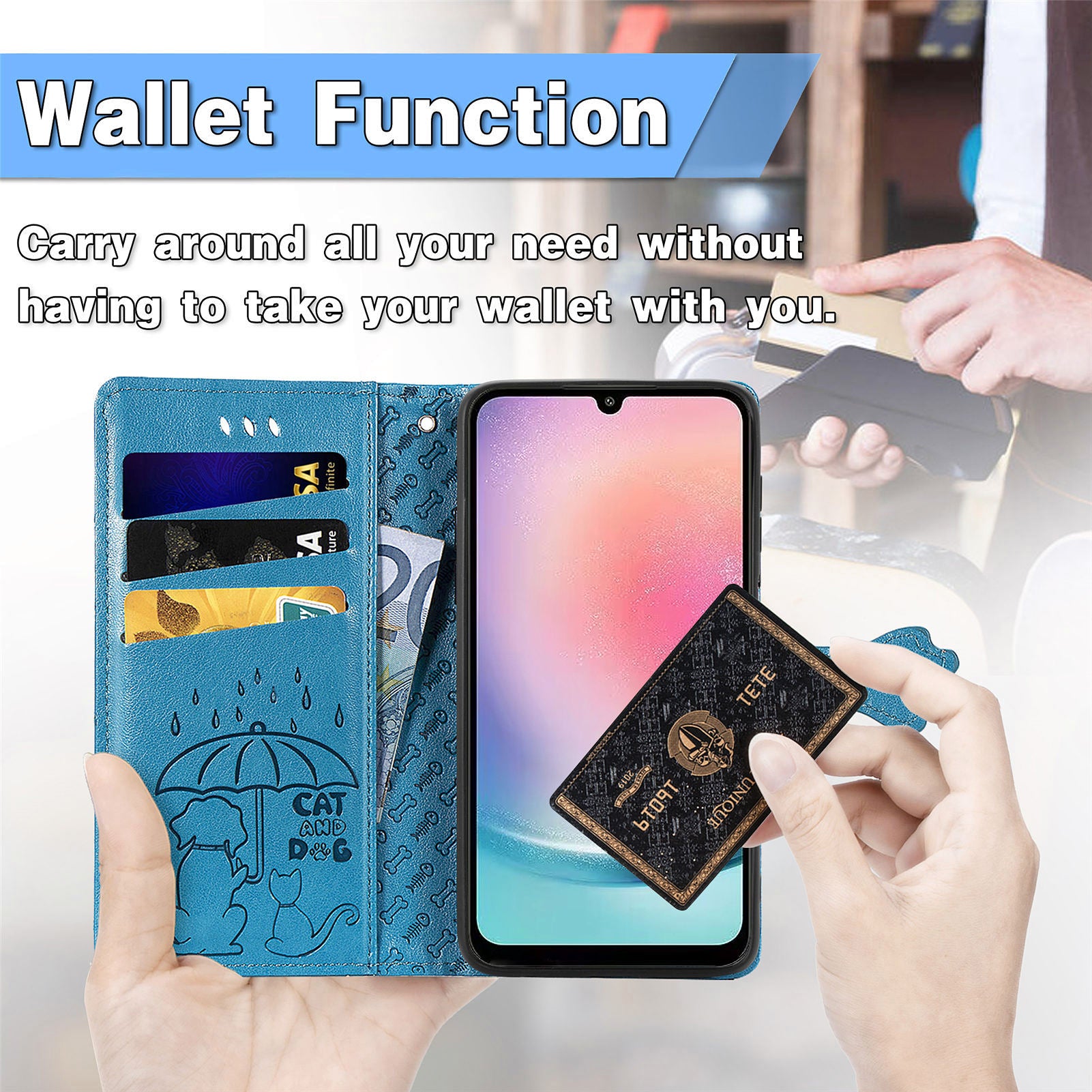 Pouzdro na telefon z PU kožené peněženky pro Samsung Galaxy A24 4G Kryt na telefon s potiskem kočičího psa