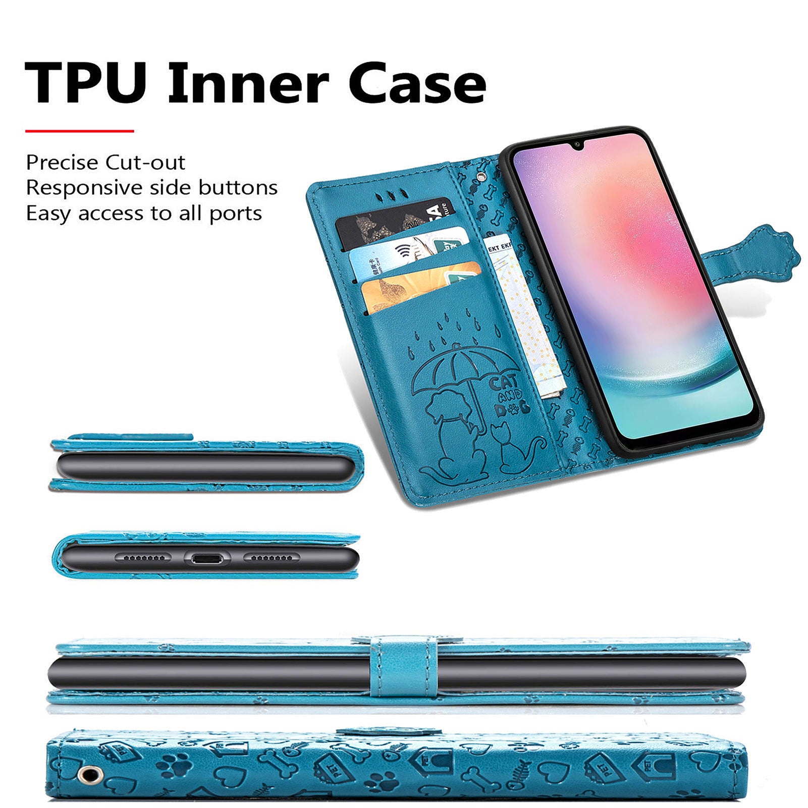 Pouzdro na telefon z PU kožené peněženky pro Samsung Galaxy A24 4G Kryt na telefon s potiskem kočičího psa