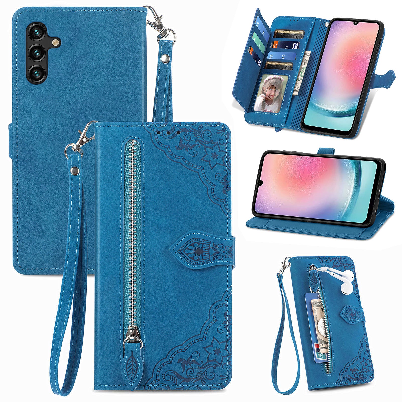 Til Samsung Galaxy A24 4G lynlåslommestativ etui PU-læderpung med blomsterpåtrykt telefoncover