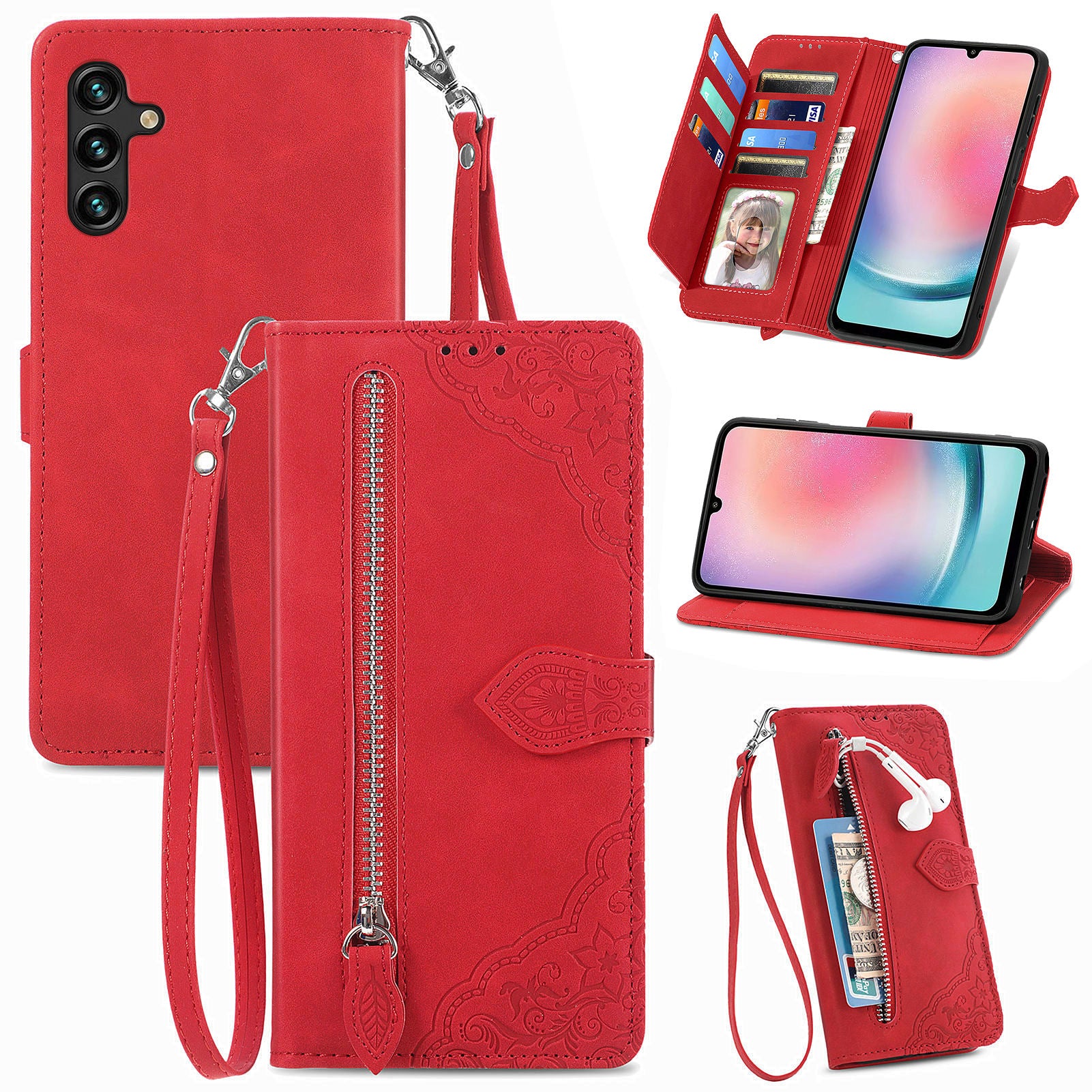 Til Samsung Galaxy A24 4G lynlåslommestativ etui PU-læderpung med blomsterpåtrykt telefoncover
