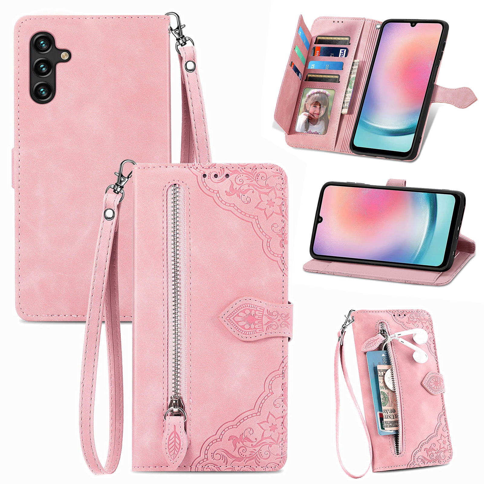 Til Samsung Galaxy A24 4G lynlåslommestativ etui PU-læderpung med blomsterpåtrykt telefoncover