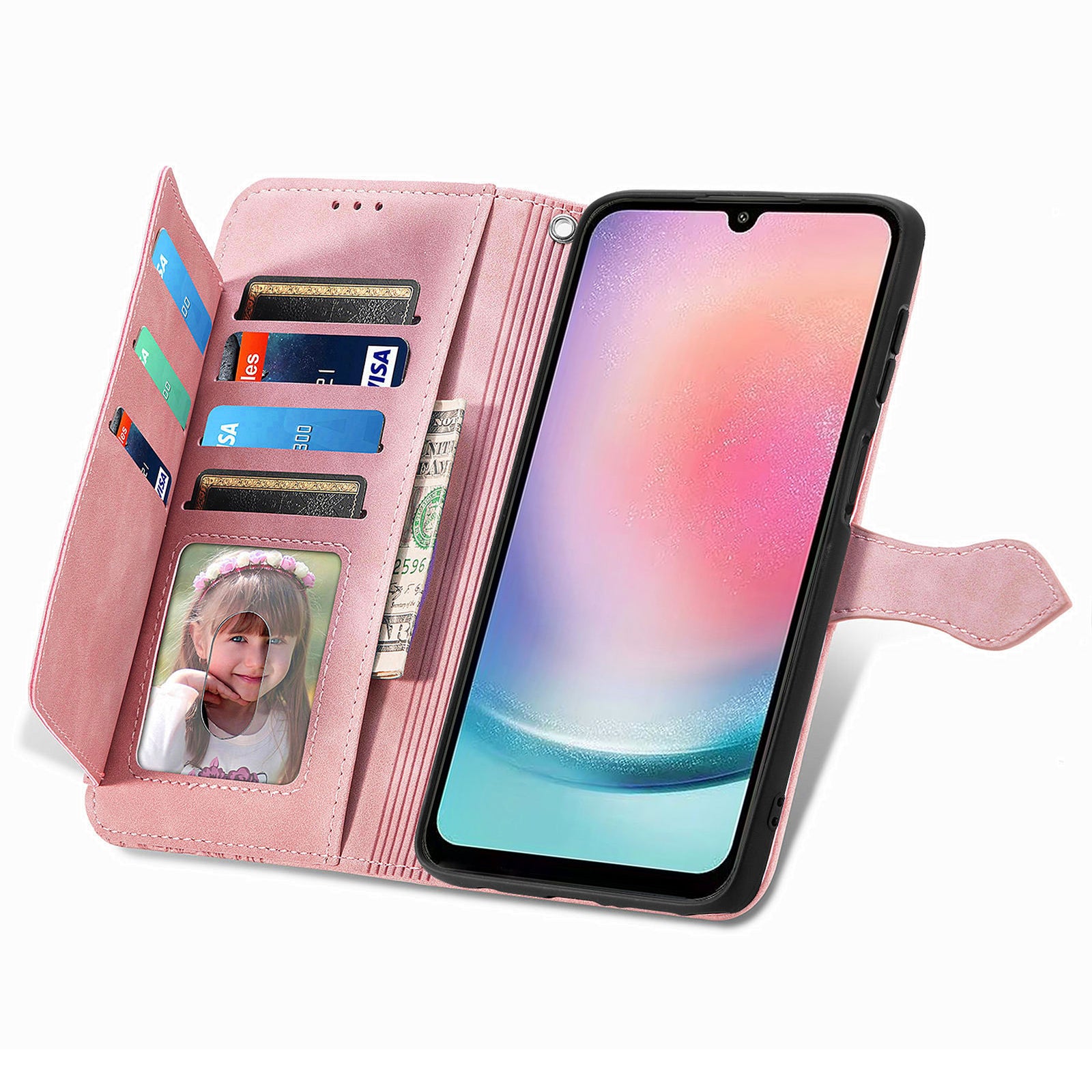 Til Samsung Galaxy A24 4G lynlåslommestativ etui PU-læderpung med blomsterpåtrykt telefoncover