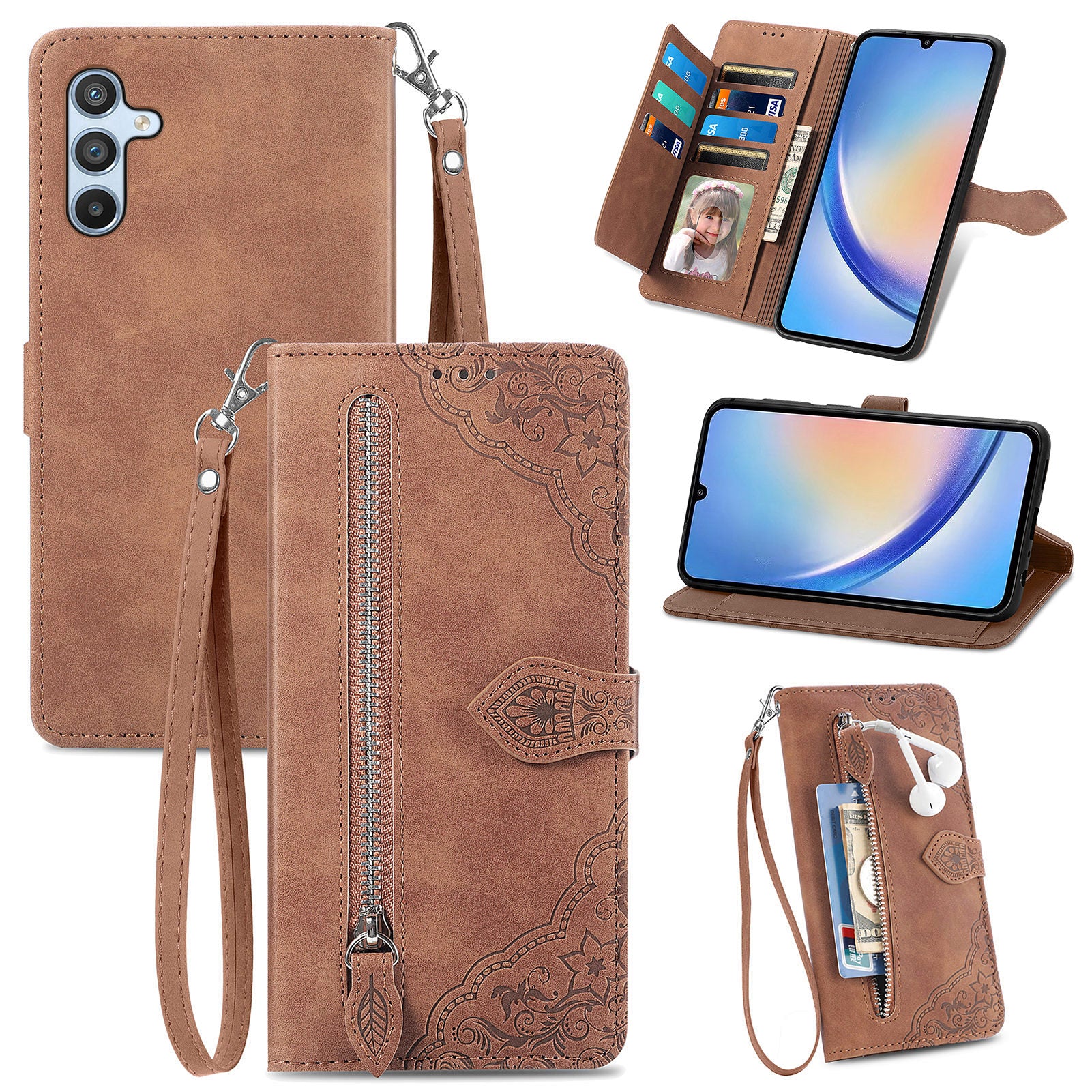 For Samsung Galaxy A34 5G Stand Zipper Pocket Case PU Leather Flower Imprinted Wallet Phone Cover