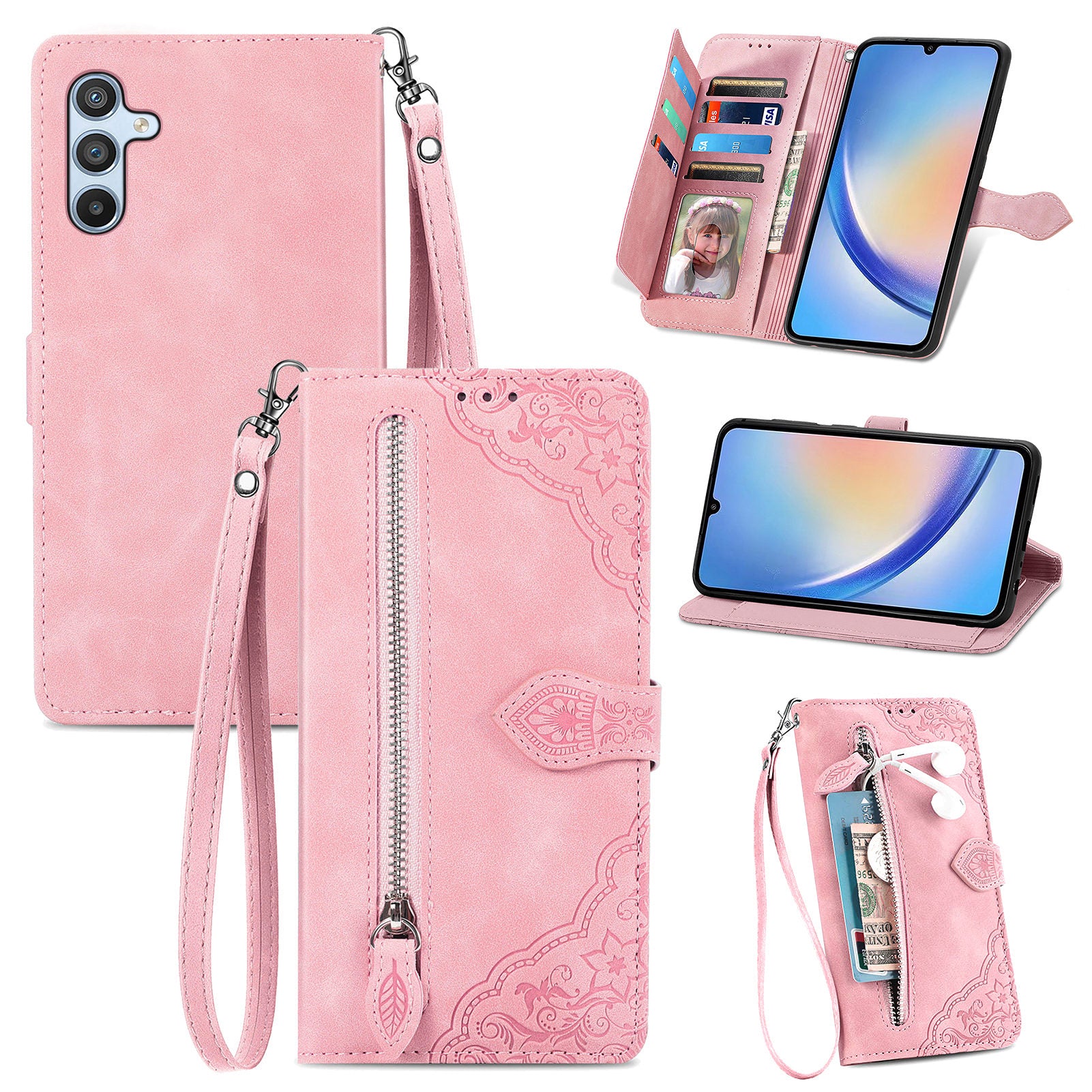 For Samsung Galaxy A34 5G Stand Zipper Pocket Case PU Leather Flower Imprinted Wallet Phone Cover