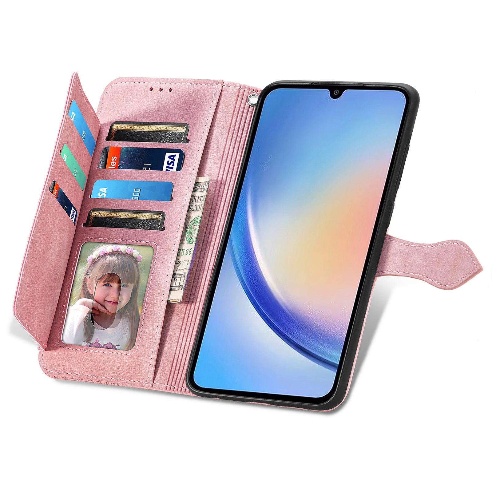 For Samsung Galaxy A34 5G Stand Zipper Pocket Case PU Leather Flower Imprinted Wallet Phone Cover