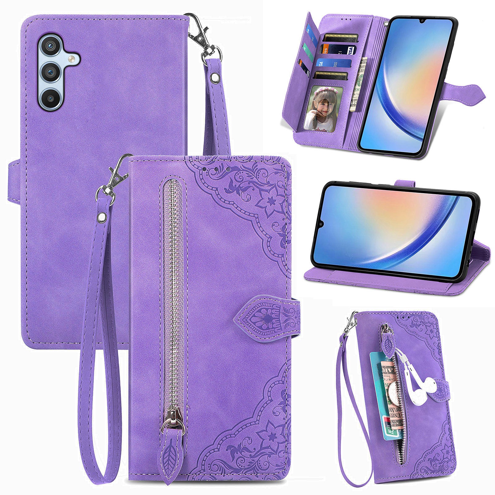 For Samsung Galaxy A34 5G Stand Zipper Pocket Case PU Leather Flower Imprinted Wallet Phone Cover