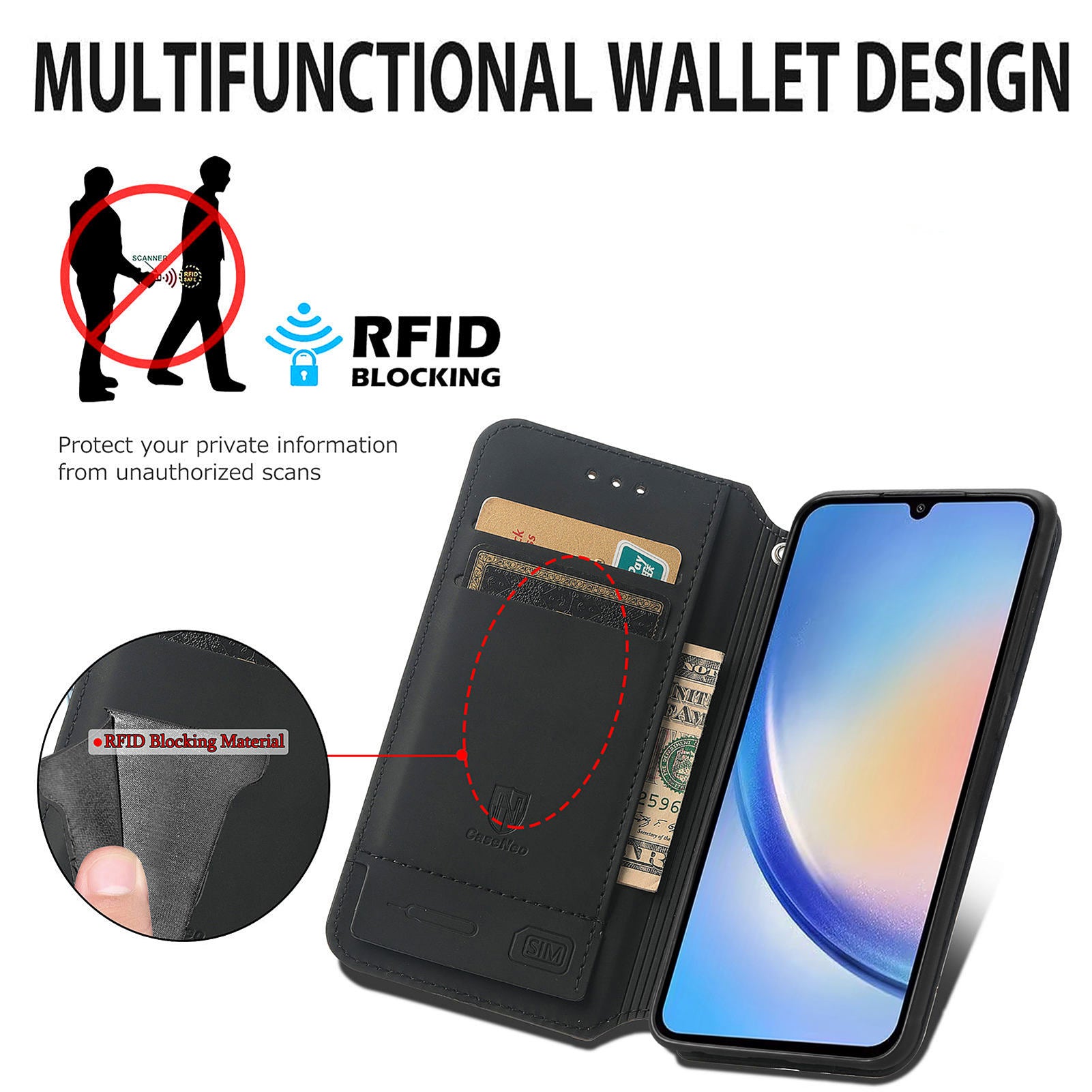 CASENEO 001 Series for Samsung Galaxy A34 5G RFID Blocking Pattern Printing Phone Case Leather Wallet Stand Shell