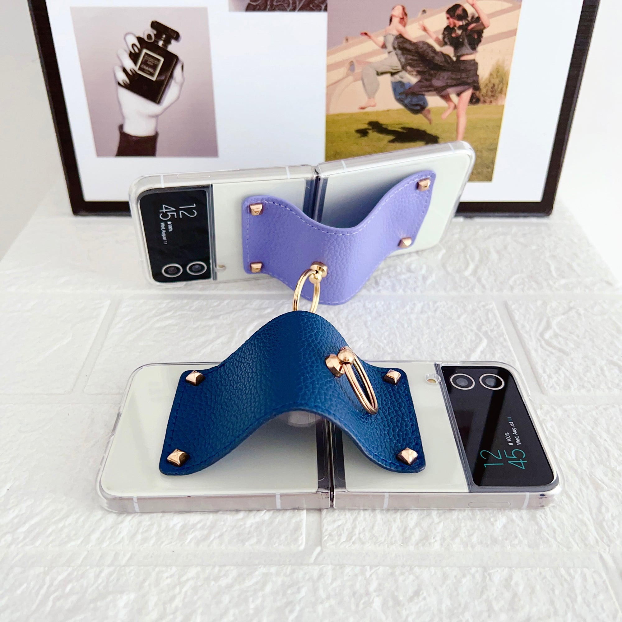 For Samsung Galaxy Z Flip4 5G Anti-Scratch PC Back Cover PU Leather Metal Ring Kickstand Phone Case