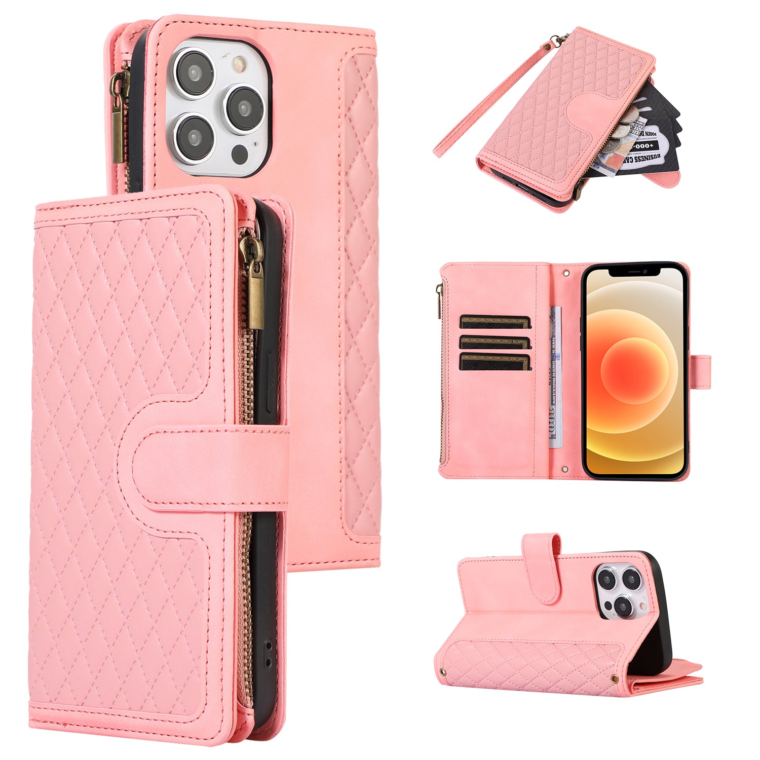 For iPhone 12 12 Pro 6.1 inch Zipper Pocket Leather Protective Shell Wallet Stand Phone Case with 9 Card Slots