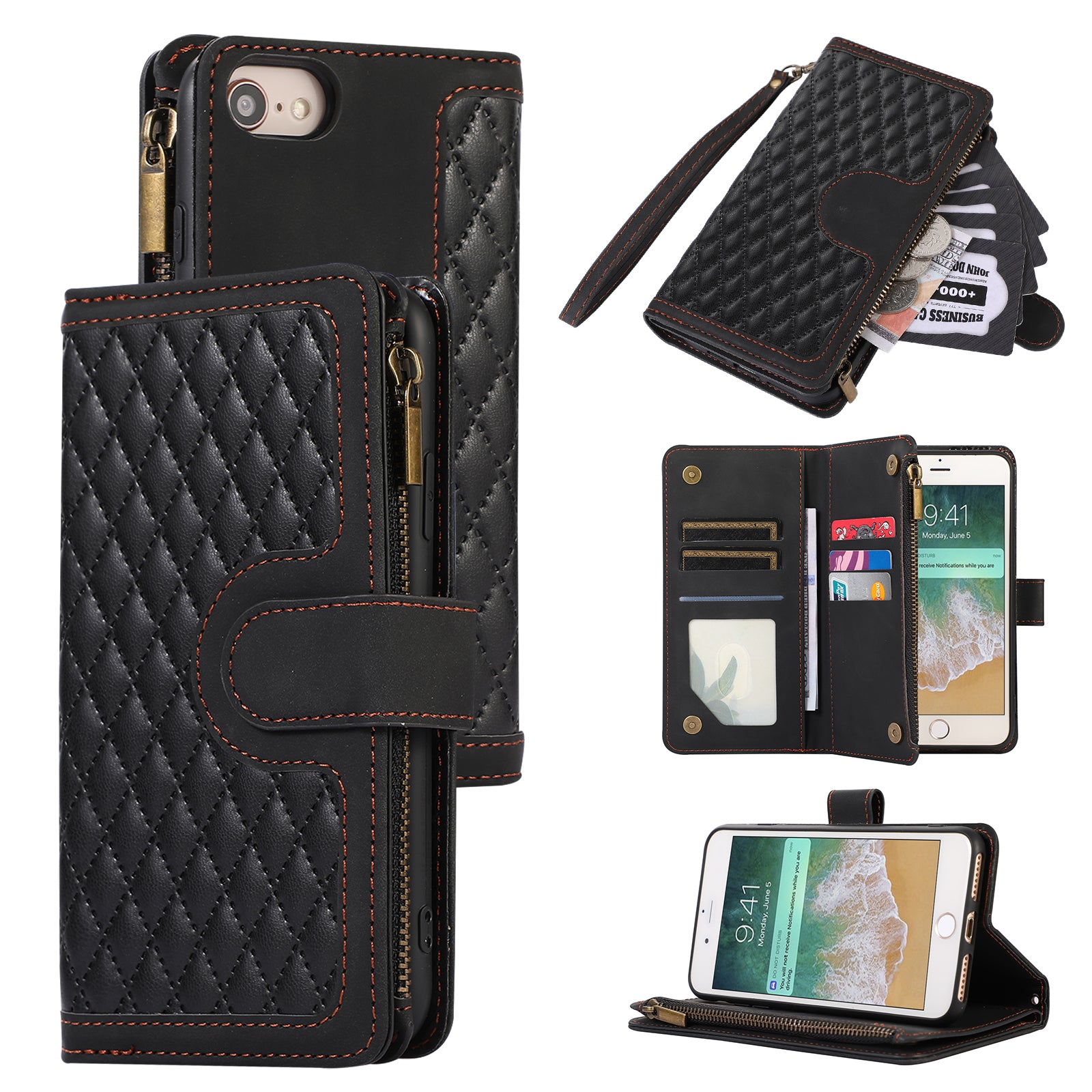 For iPhone 7 8 4.7 inch SE (2022) (2020) Imprinted Phone Case 9 Card Slots Leather Wallet Stand Cover with Zipper Pocket