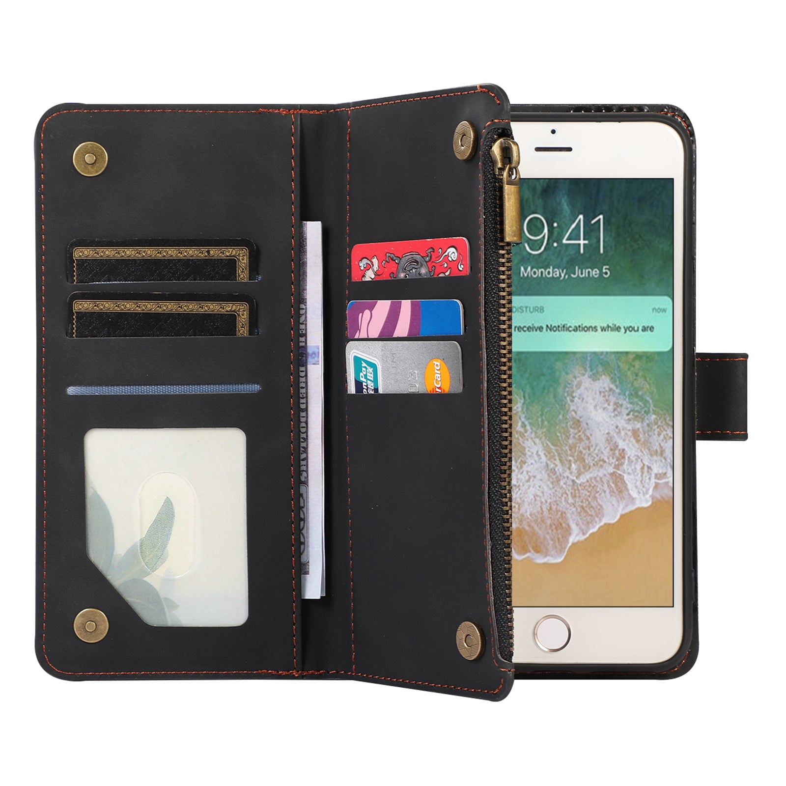 For iPhone 7 8 4.7 inch SE (2022) (2020) Imprinted Phone Case 9 Card Slots Leather Wallet Stand Cover with Zipper Pocket