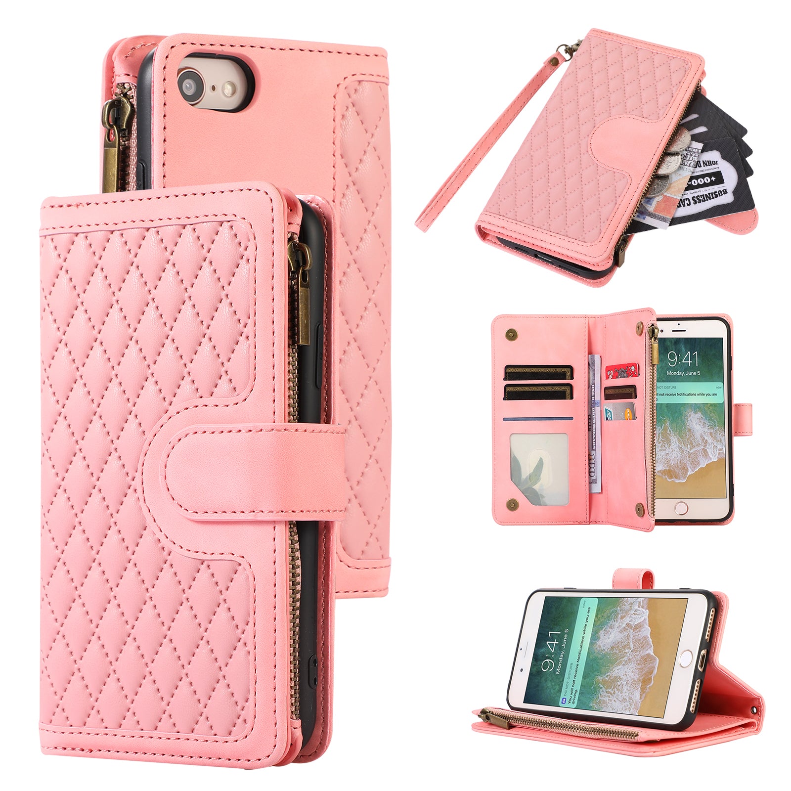 For iPhone 7 8 4.7 inch SE (2022) (2020) Imprinted Phone Case 9 Card Slots Leather Wallet Stand Cover with Zipper Pocket