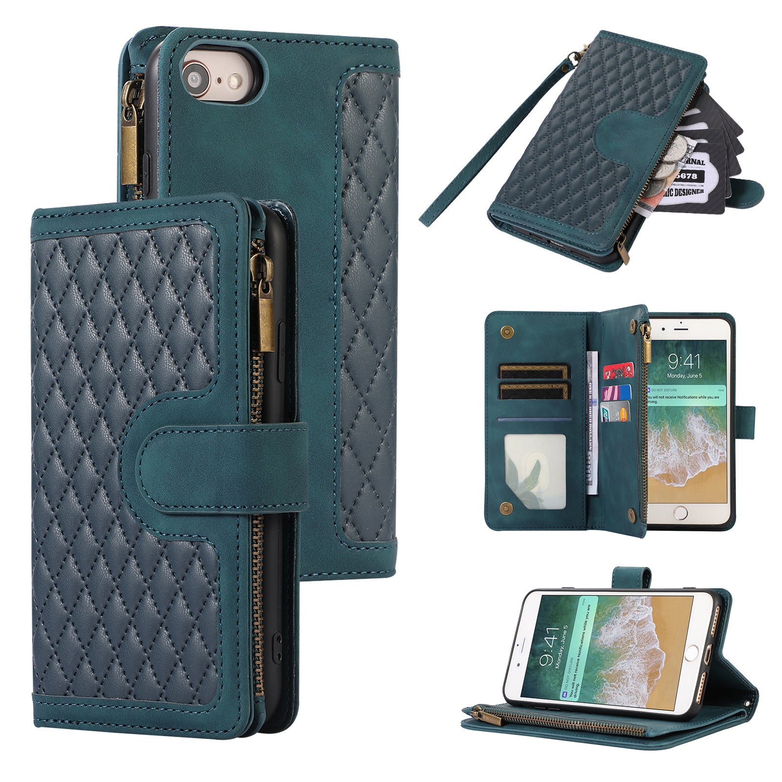 For iPhone 7 8 4.7 inch SE (2022) (2020) Imprinted Phone Case 9 Card Slots Leather Wallet Stand Cover with Zipper Pocket