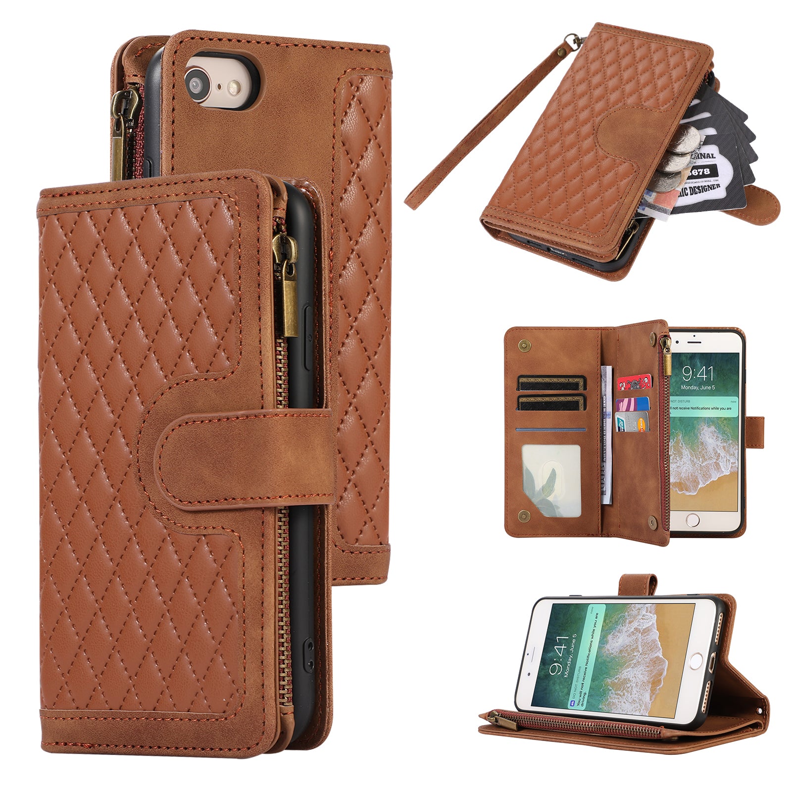 For iPhone 7 8 4.7 inch SE (2022) (2020) Imprinted Phone Case 9 Card Slots Leather Wallet Stand Cover with Zipper Pocket