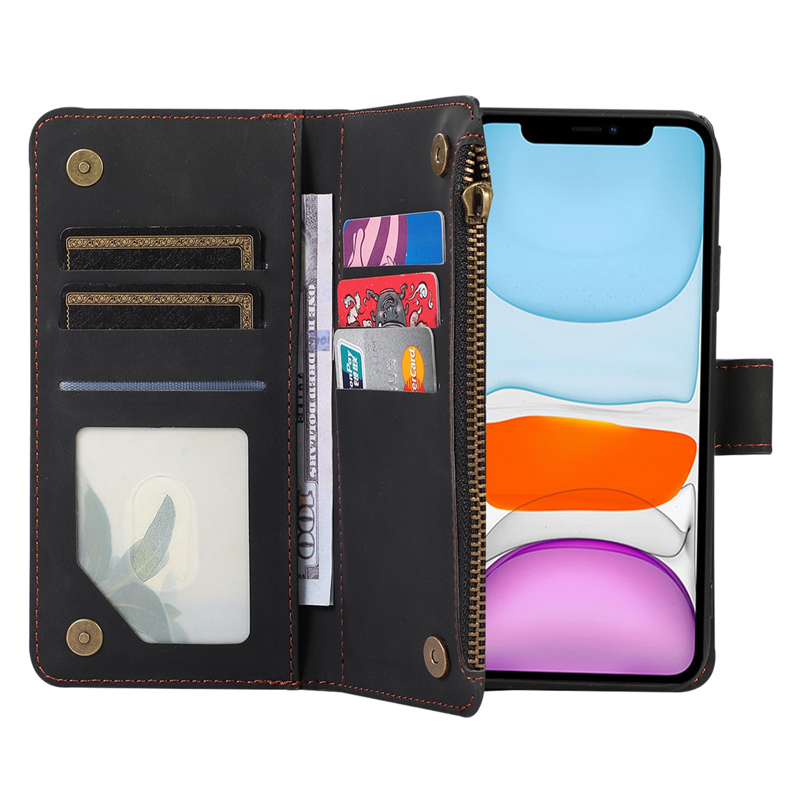 For iPhone 11 Zipper Pocket Leather Wallet Phone Case 9 Card Slots Rhombus Imprinted Stand Shell