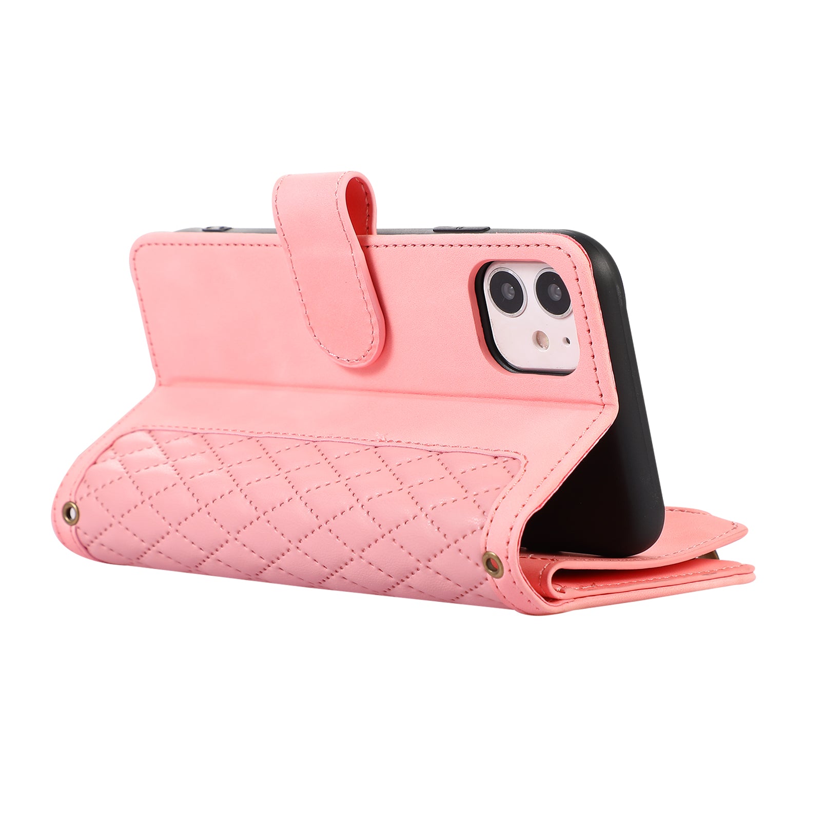 For iPhone 11 Zipper Pocket Leather Wallet Phone Case 9 Card Slots Rhombus Imprinted Stand Shell