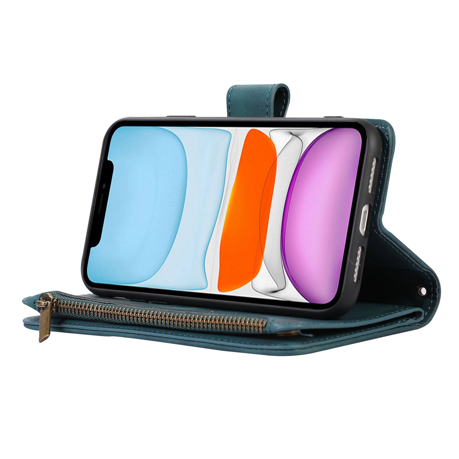 For iPhone 11 Zipper Pocket Leather Wallet Phone Case 9 Card Slots Rhombus Imprinted Stand Shell