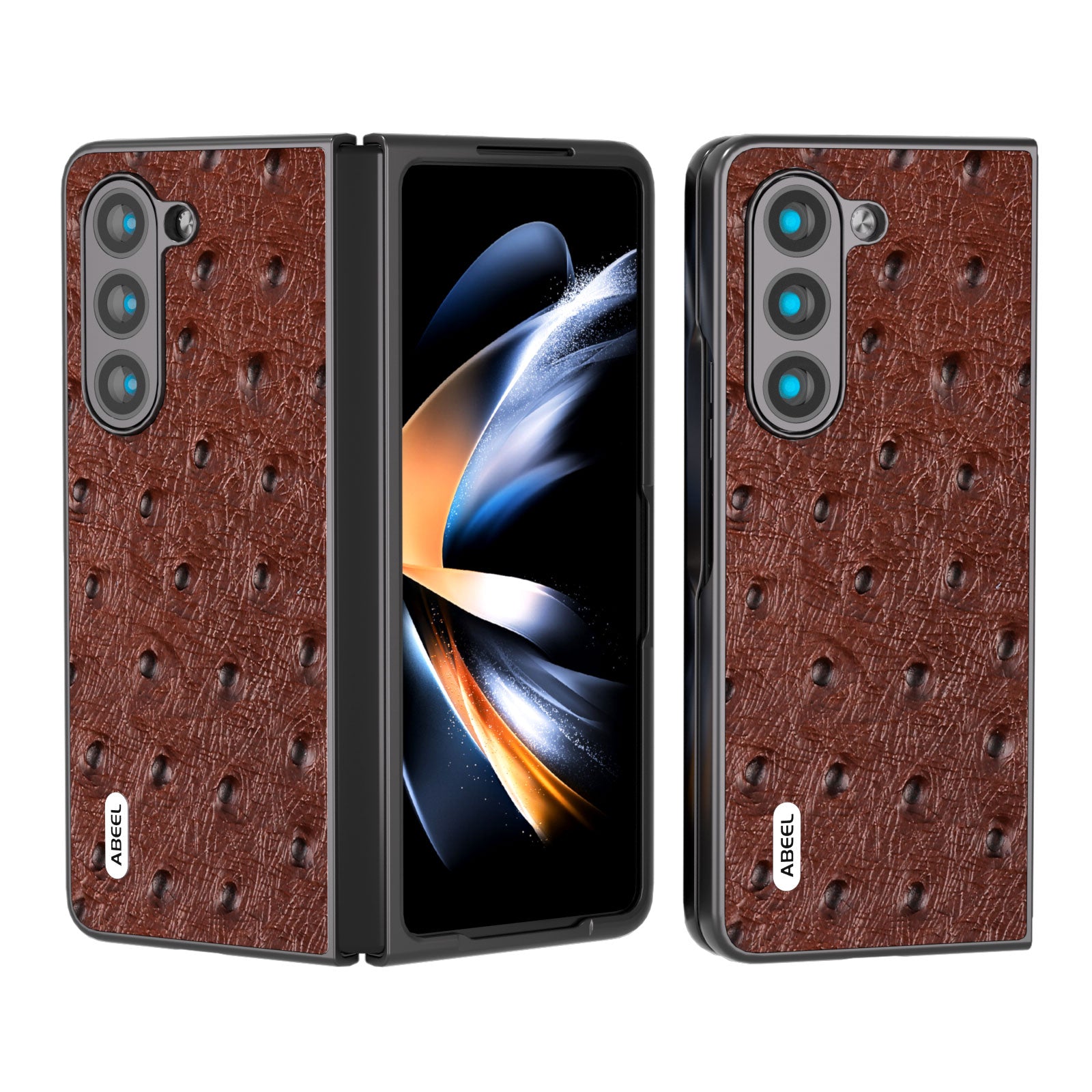 ABEEL For Samsung Galaxy Z Fold5 5G Ostrich Texture Phone Case Genuine Cow Leather PC Folding Cover