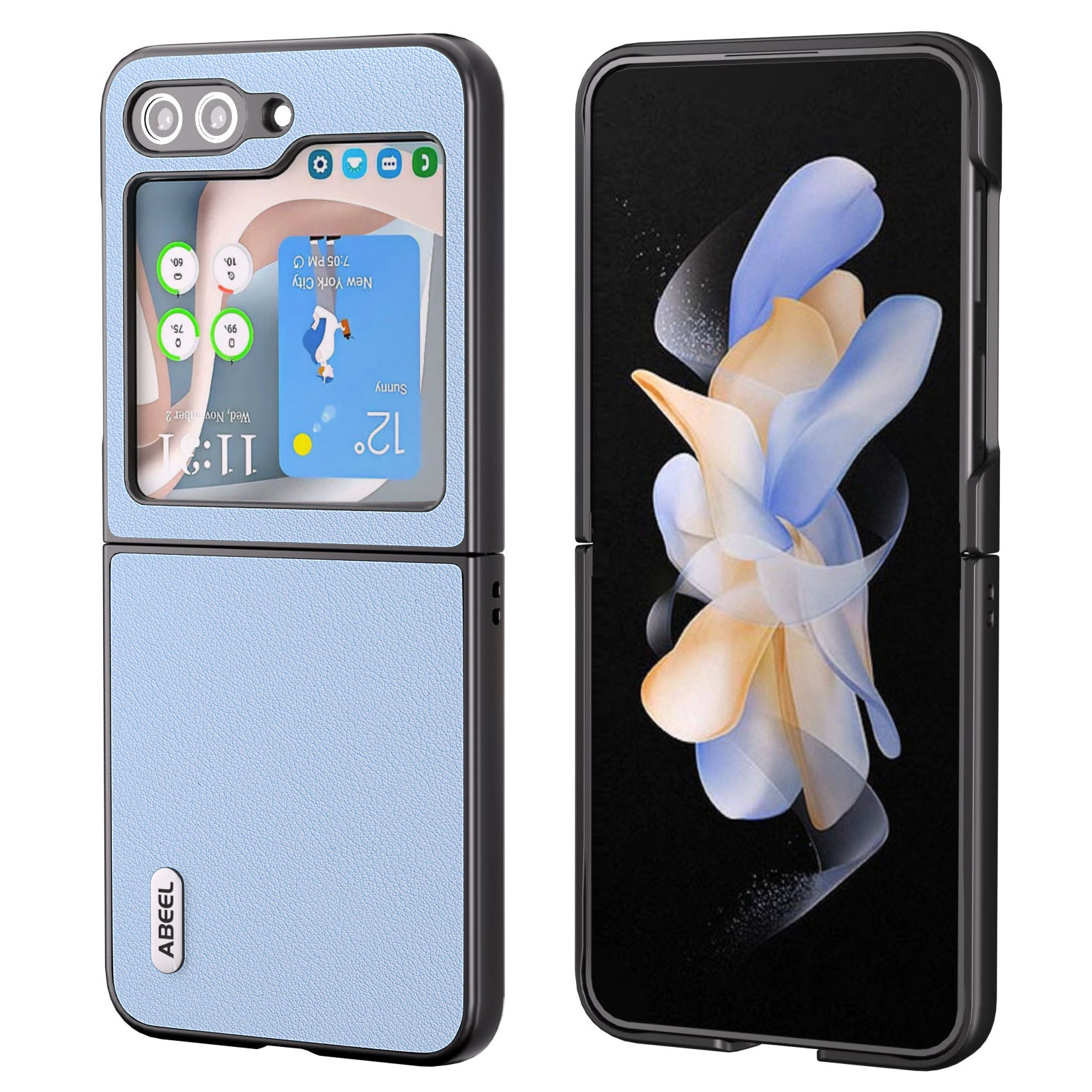 ABEEL For Galaxy Z Flip5 5G Genuine Cow Leather Hard PC Shell Matte Black Edge Phone Case Cover