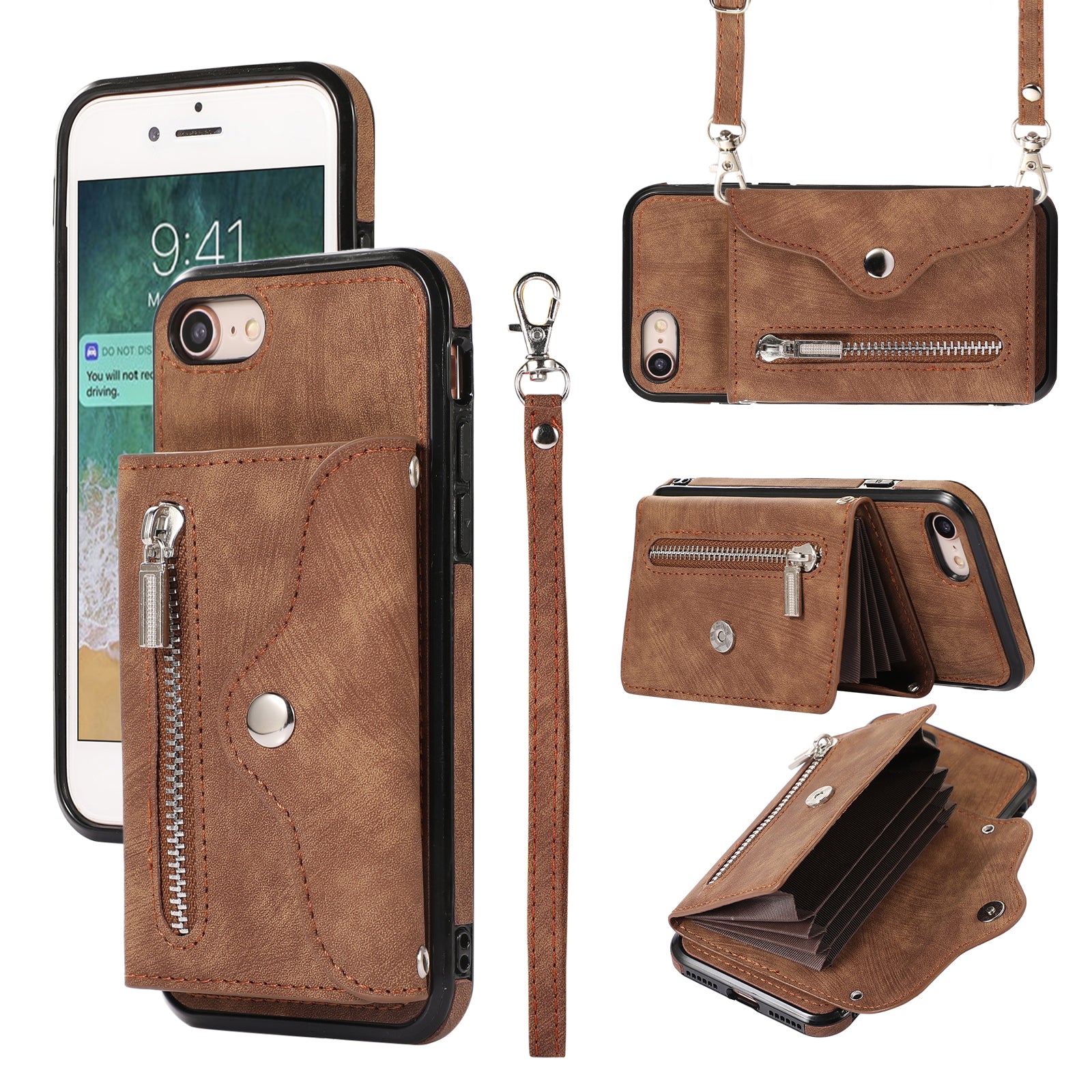 For iPhone 7 8 SE (2020) RFID Blocking Card Bag Phone Case Kickstand PU Leather+TPU Cover