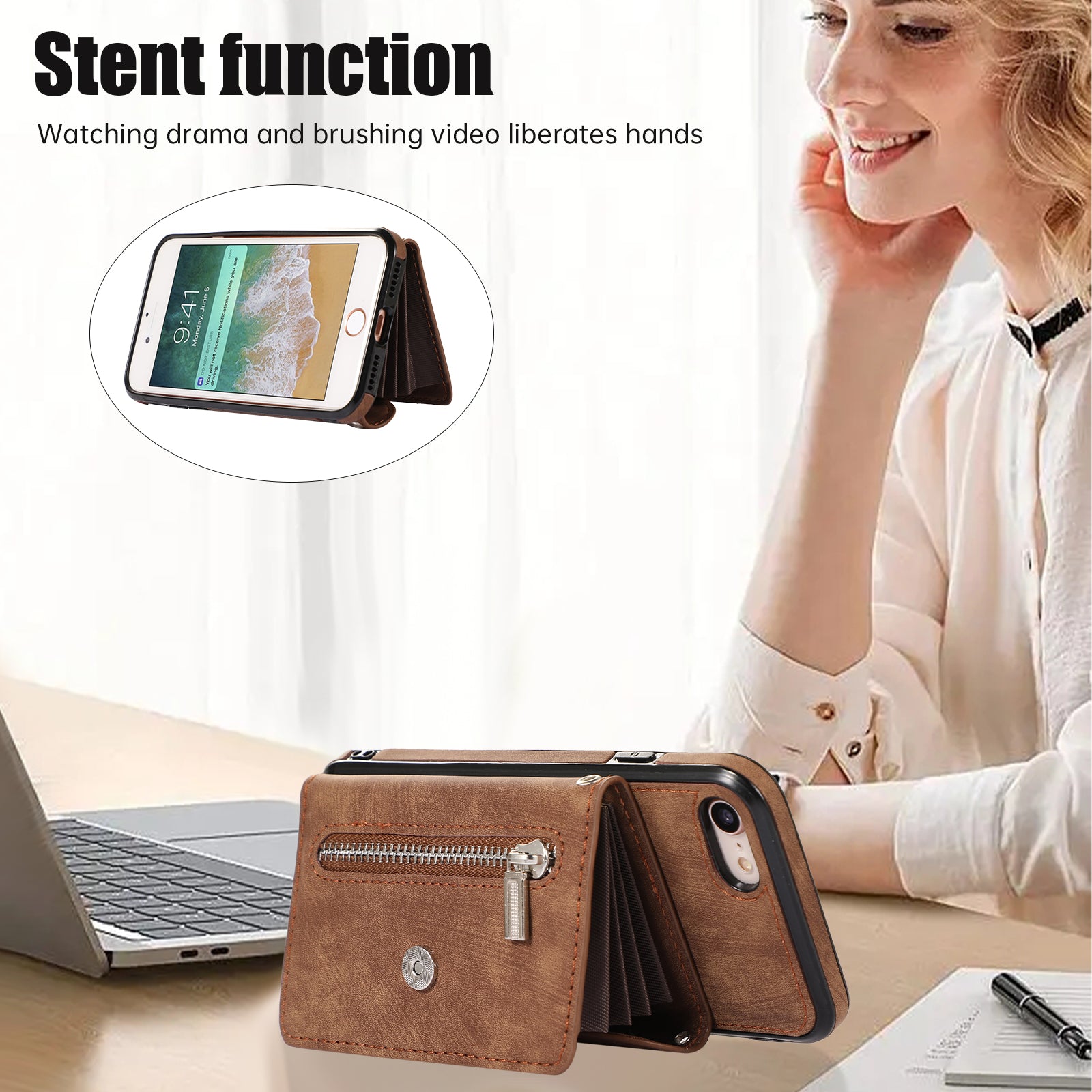 For iPhone 7 8 SE (2020) RFID Blocking Card Bag Phone Case Kickstand PU Leather+TPU Cover