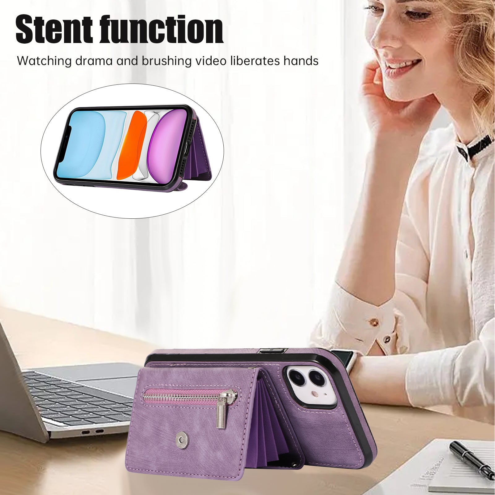 PU Leather+TPU Cover for iPhone 11 RFID Blocking Card Bag Phone Case with Kickstand