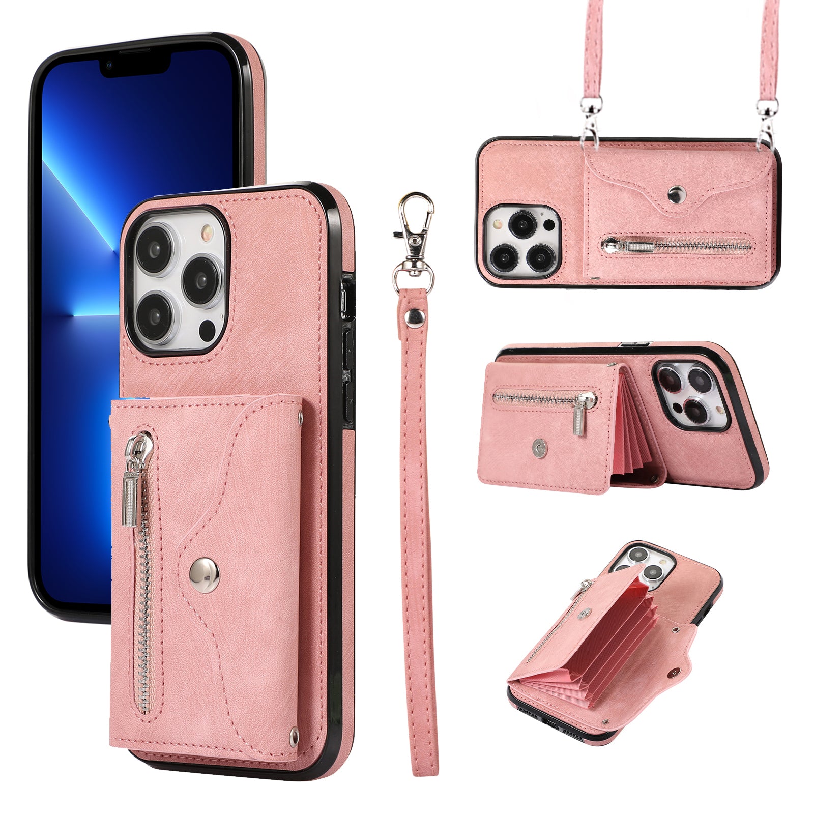 For iPhone 13 Pro 6.1 inch Anti-scratch PU Leather+TPU Phone Case with Kickstand RFID Blocking Card Bag Cover