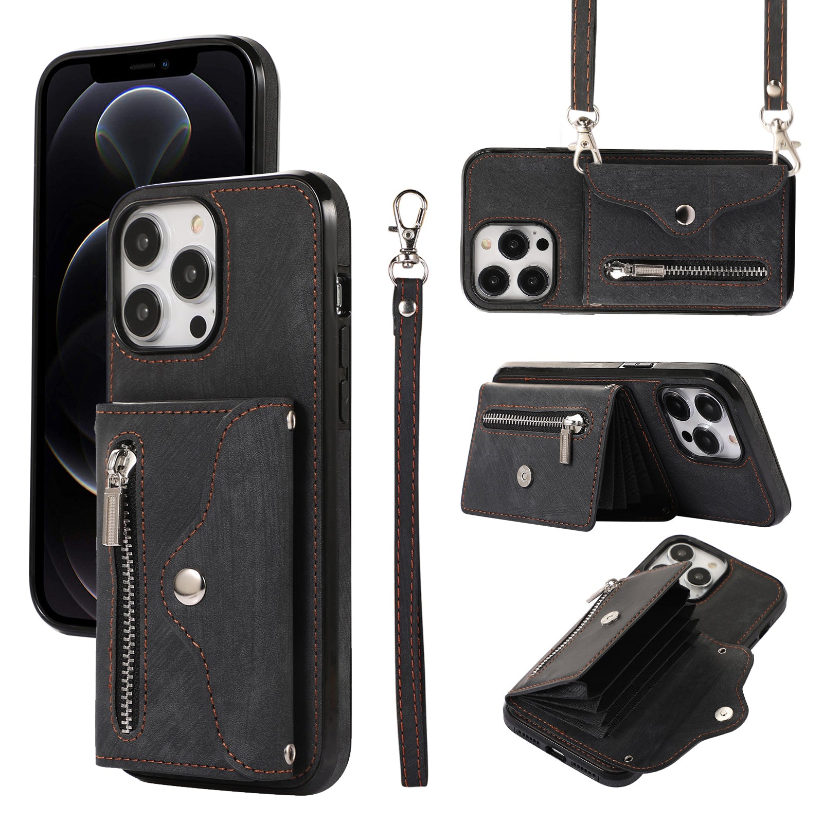 Til iPhone 12 12 Pro 6,1 tommer PU-læder+TPU-telefoncover Kickstand-cover med RFID-blokeringskorttaske