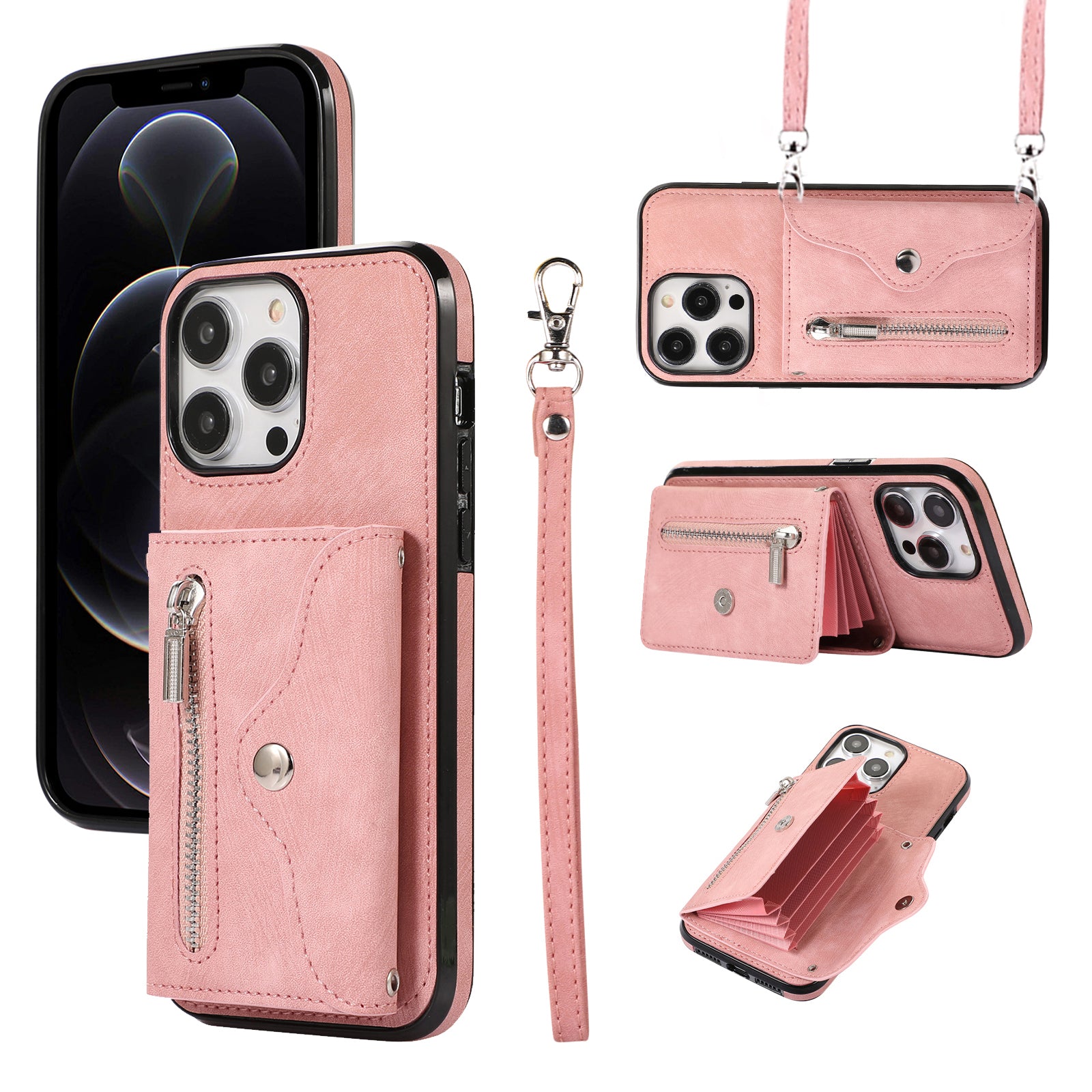 Til iPhone 12 12 Pro 6,1 tommer PU-læder+TPU-telefoncover Kickstand-cover med RFID-blokeringskorttaske