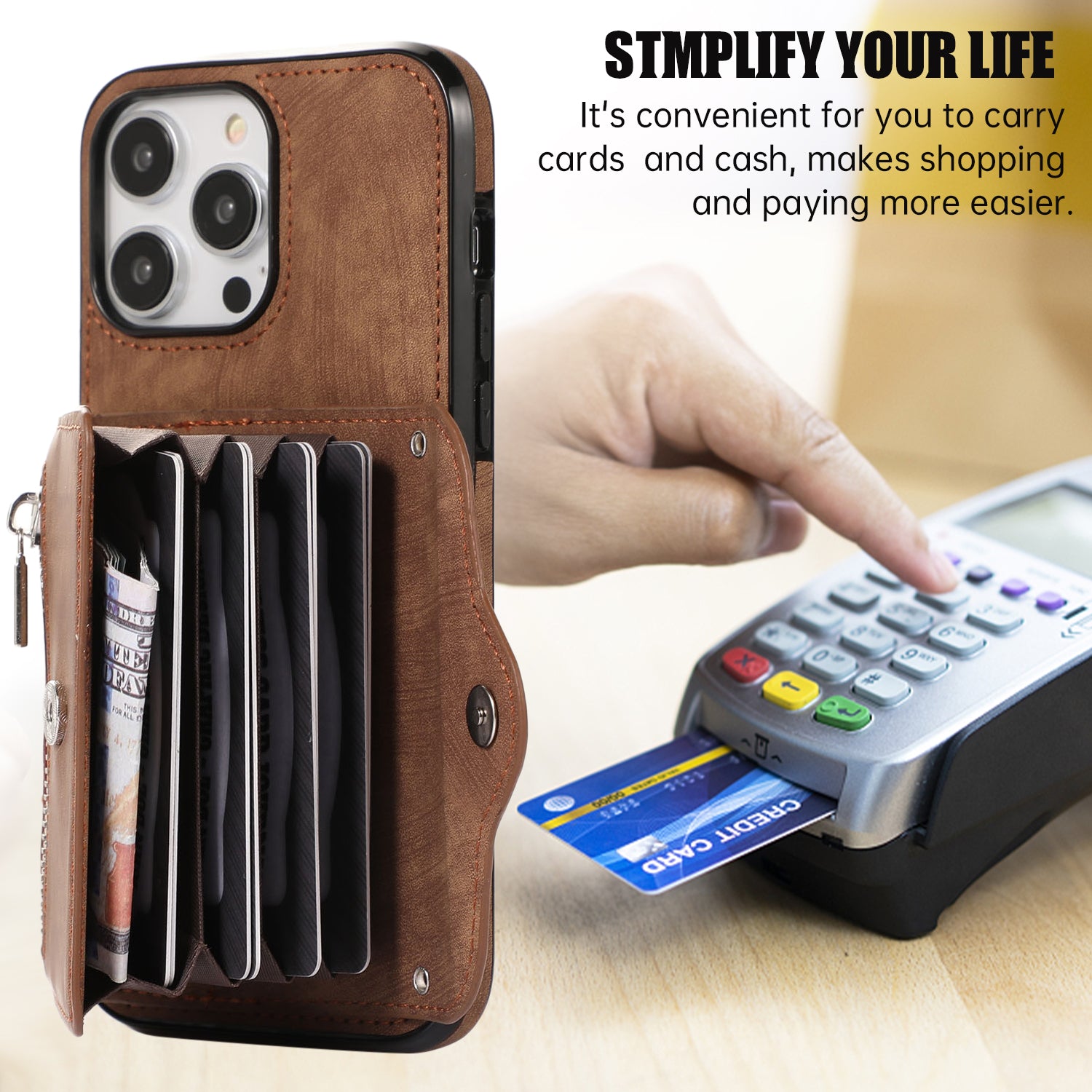For iPhone 14 Pro Max PU Leather+TPU Phone Case Kickstand Back Cover with RFID Blocking Card Bag