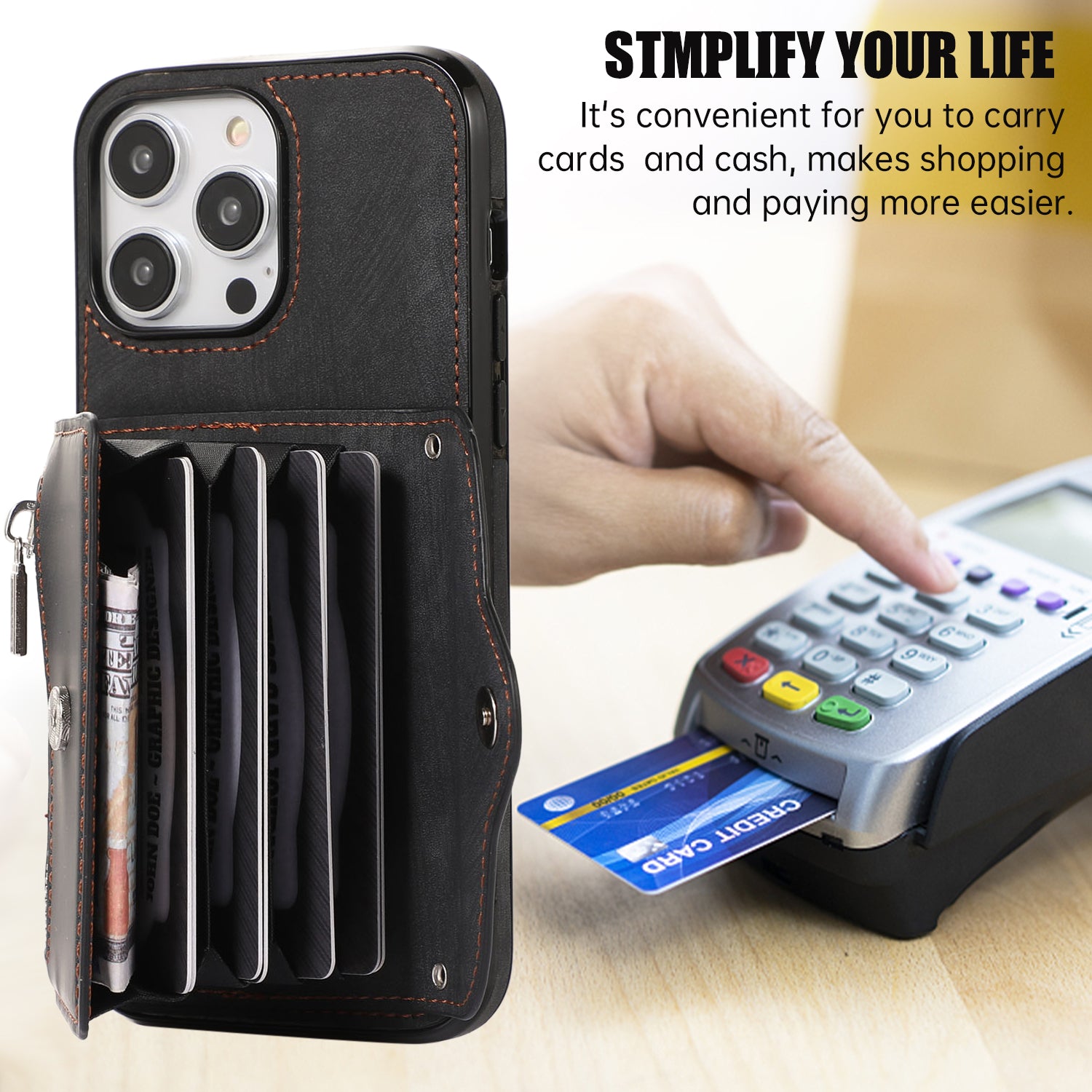 For iPhone 14 Pro Max PU Leather+TPU Phone Case Kickstand Back Cover with RFID Blocking Card Bag