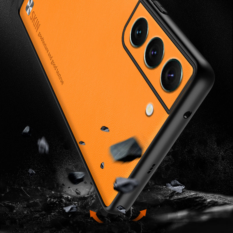 For Samsung Galaxy S22 5G Anti-fall Cover Metal Decor PU Leather Coated PC TPU Phone Protector Case