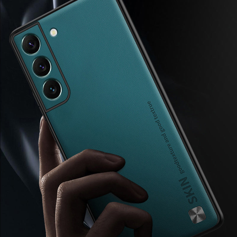 For Samsung Galaxy S22 5G Anti-fall Cover Metal Decor PU Leather Coated PC TPU Phone Protector Case