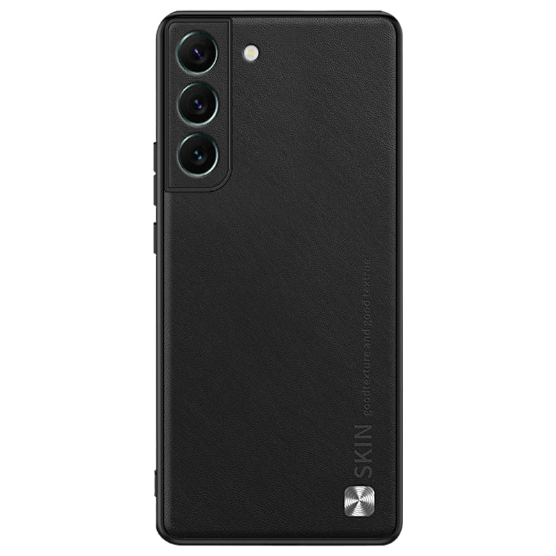 For Samsung Galaxy S22 5G Anti-fall Cover Metal Decor PU Leather Coated PC TPU Phone Protector Case