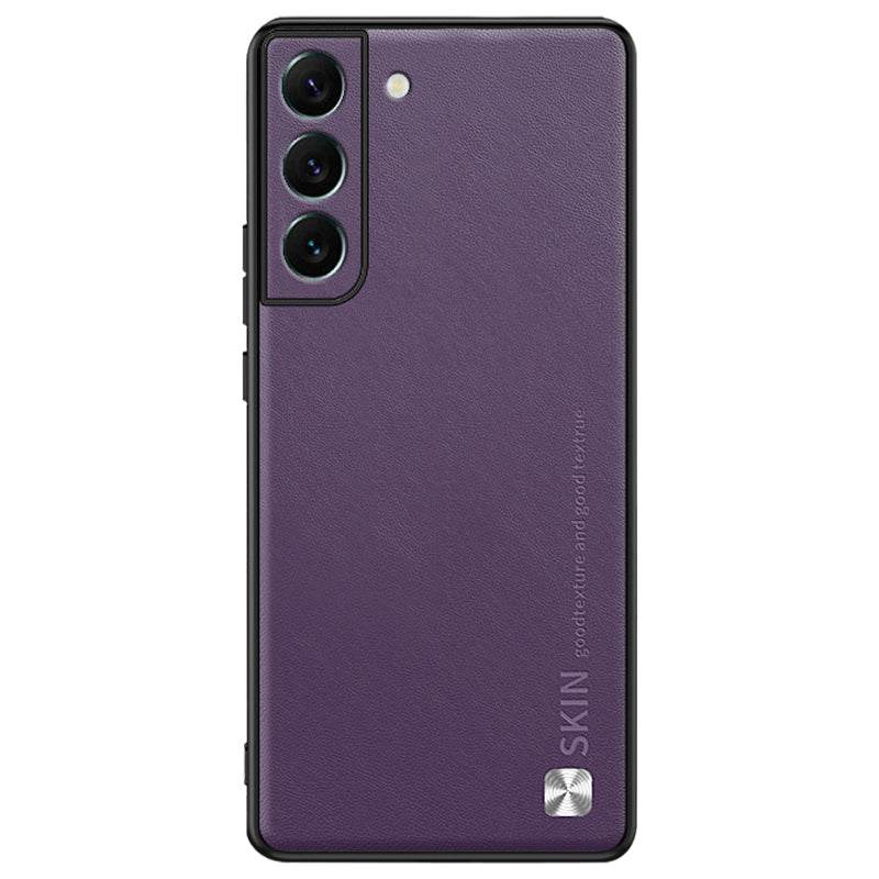 For Samsung Galaxy S22 5G Anti-fall Cover Metal Decor PU Leather Coated PC TPU Phone Protector Case