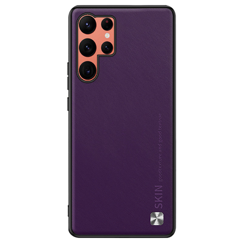 For Samsung Galaxy S23 Ultra Metal Decor Protective Shell PU Leather Coated PC TPU Phone Case