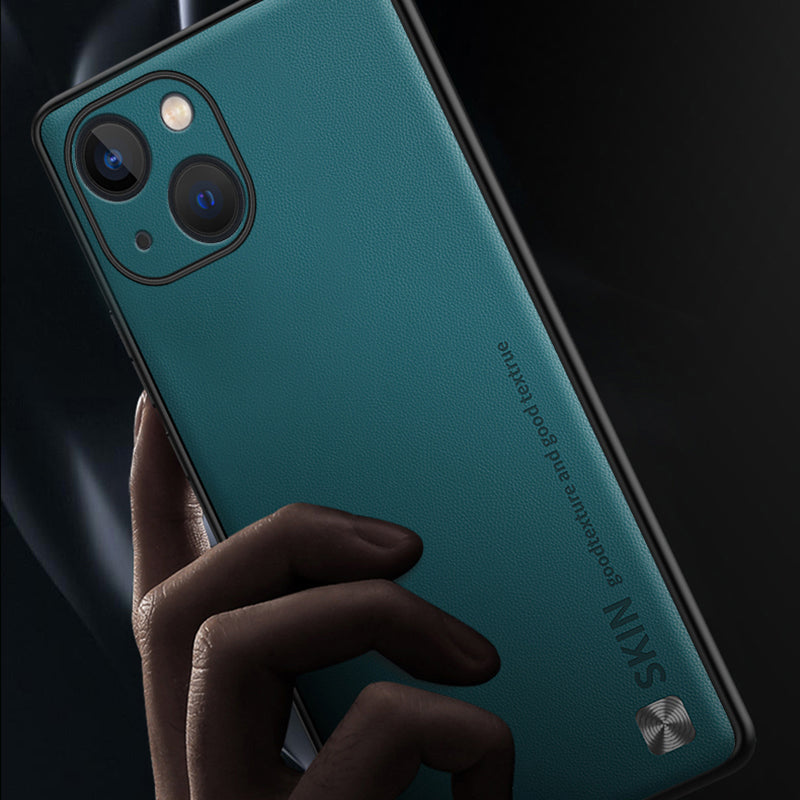 Phone Cover for iPhone 14 Plus Drop Proof PU Leather Coated PC+TPU Case with Metal Decor
