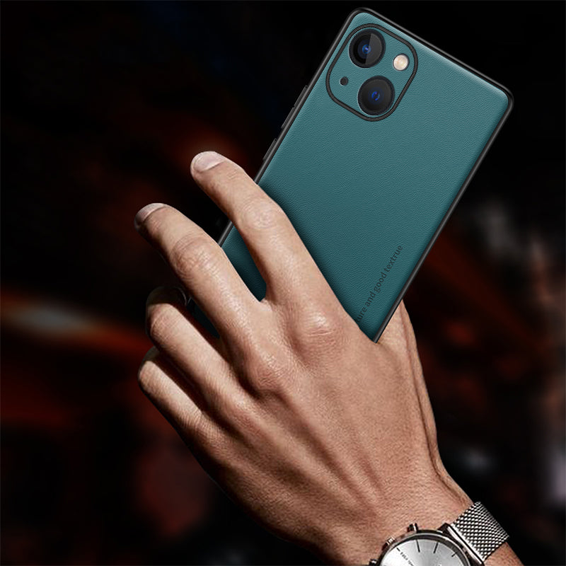 Phone Cover for iPhone 14 PU Leather Coated PC+TPU Shockproof Case with Metal Decor
