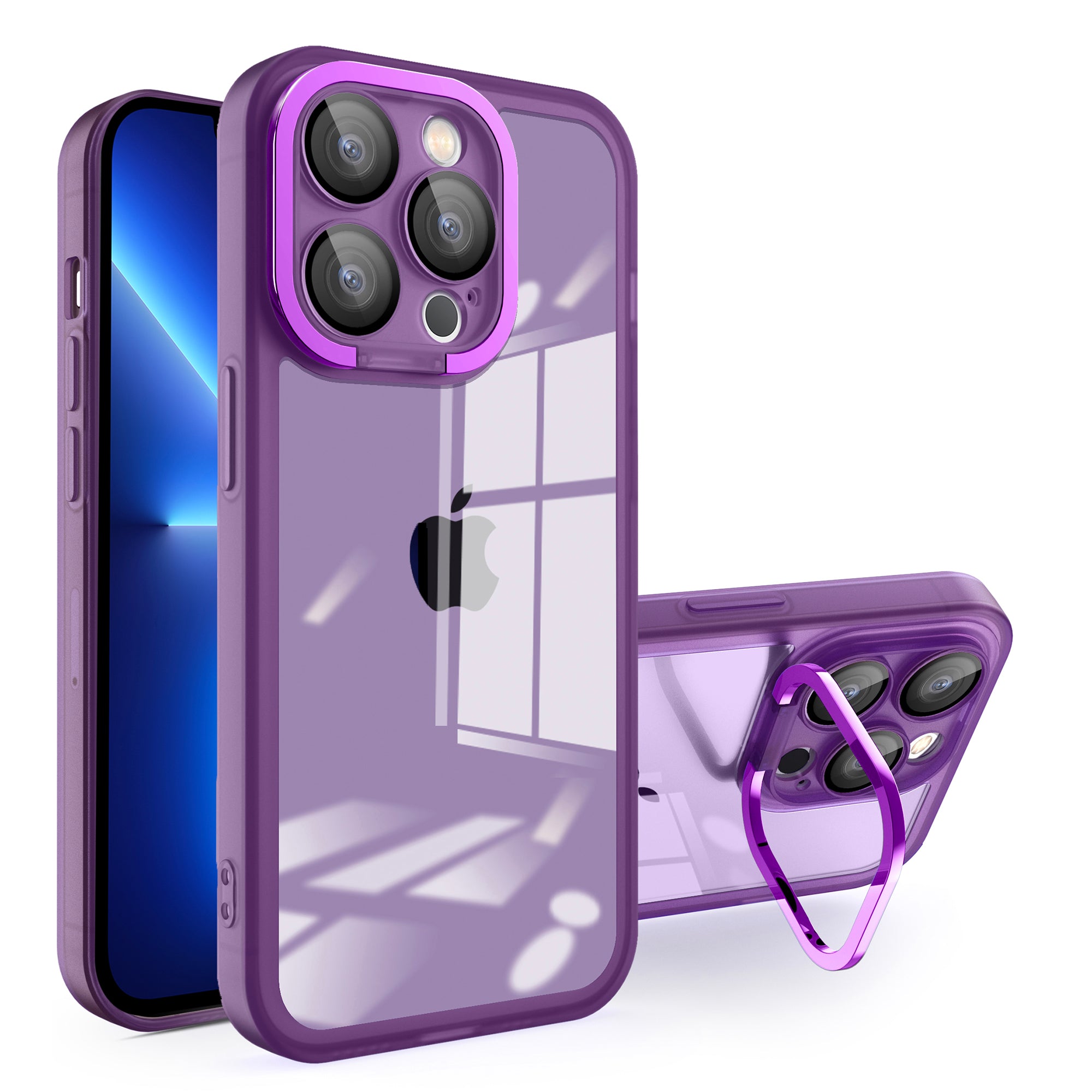 For iPhone 13 Pro Max Matte Clear Phone Case Acrylic+PC+TPU Kickstand Cover with Glass Lens Film