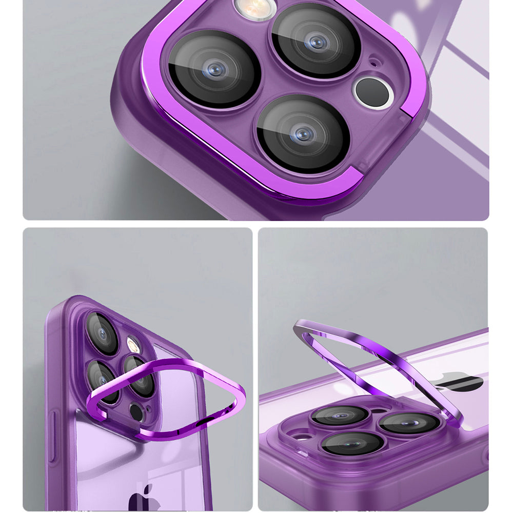 For iPhone 13 Pro Max Matte Clear Phone Case Acrylic+PC+TPU Kickstand Cover with Glass Lens Film