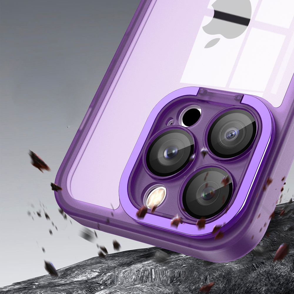 For iPhone 13 Pro Max Matte Clear Phone Case Acrylic+PC+TPU Kickstand Cover with Glass Lens Film