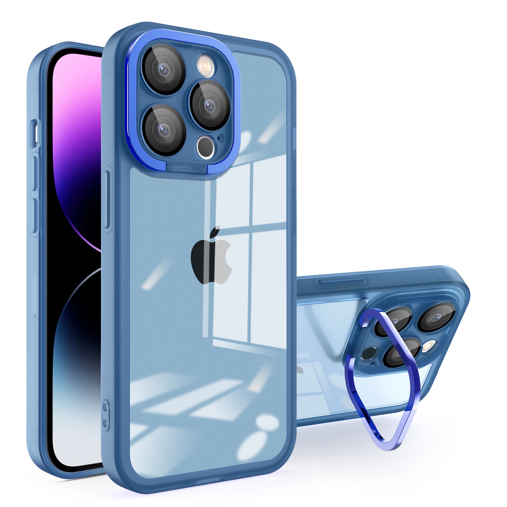 For iPhone 14 Pro Matte Clear Phone Case Glass Lens Protector Camera Kickstand TPU+Acrylic+PC Cover