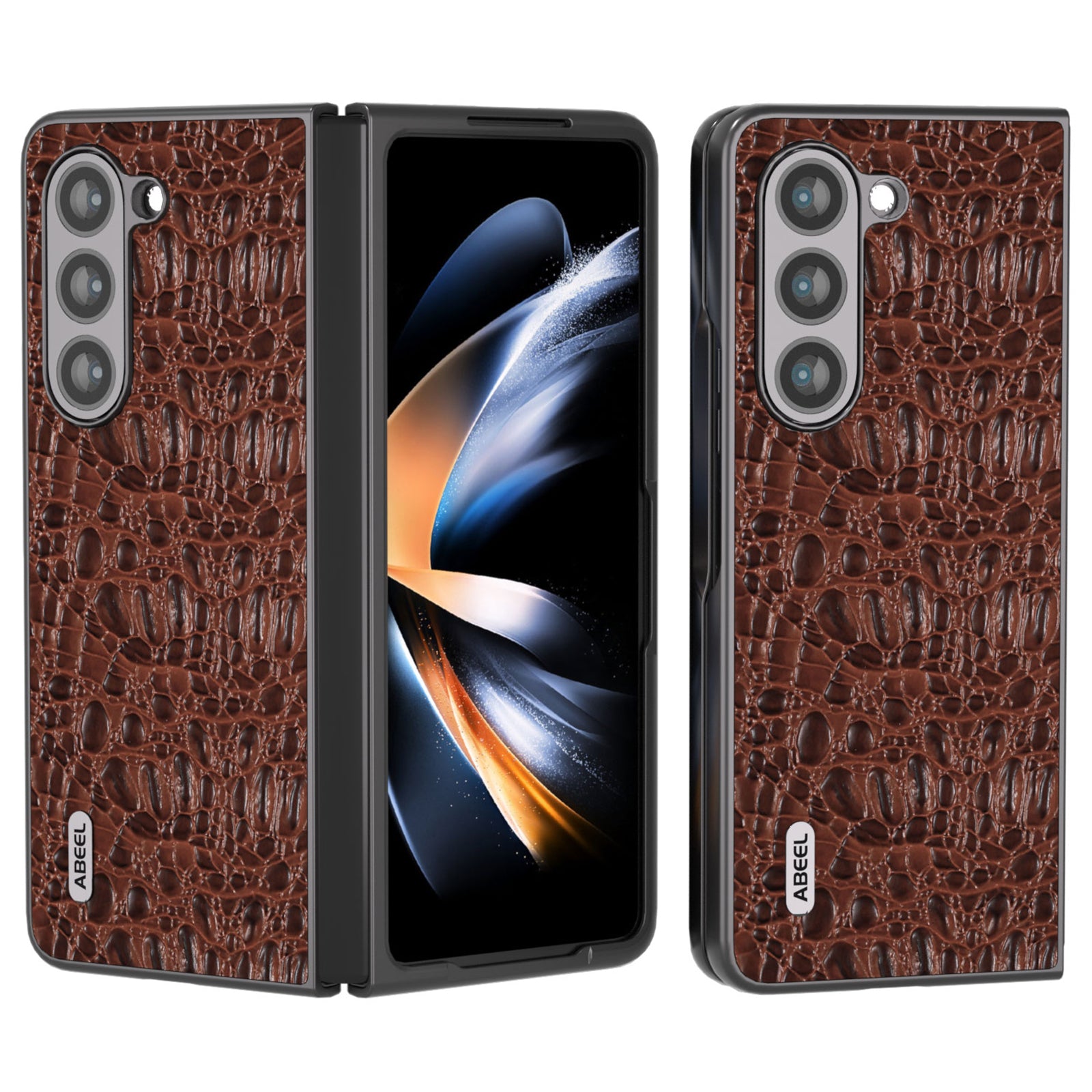 ABEEL For Samsung Galaxy Z Fold5 5G PC Phone Case Anti-Slip Genuine Cowhide Leather Coated Phone Cover