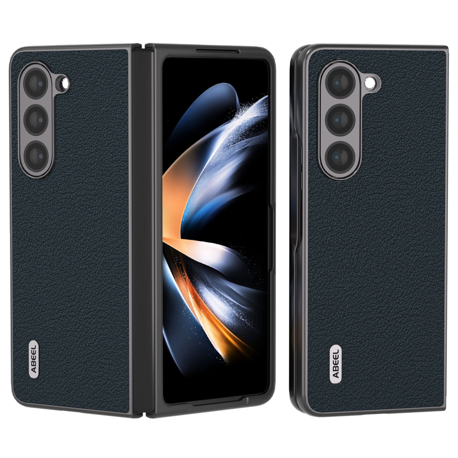ABEEL For Samsung Galaxy Z Fold5 5G Genuine Cow Leather Hard PC Shell Black Edge Phone Case Cover
