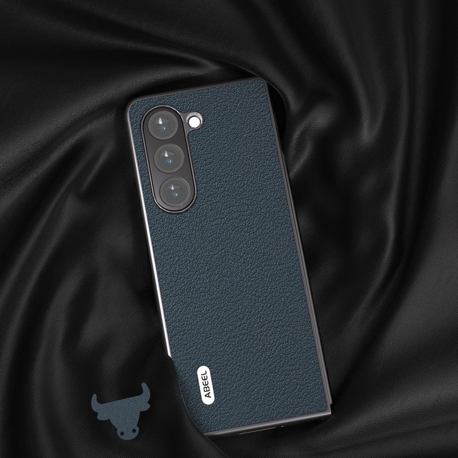 ABEEL For Samsung Galaxy Z Fold5 5G Genuine Cow Leather Hard PC Shell Black Edge Phone Case Cover