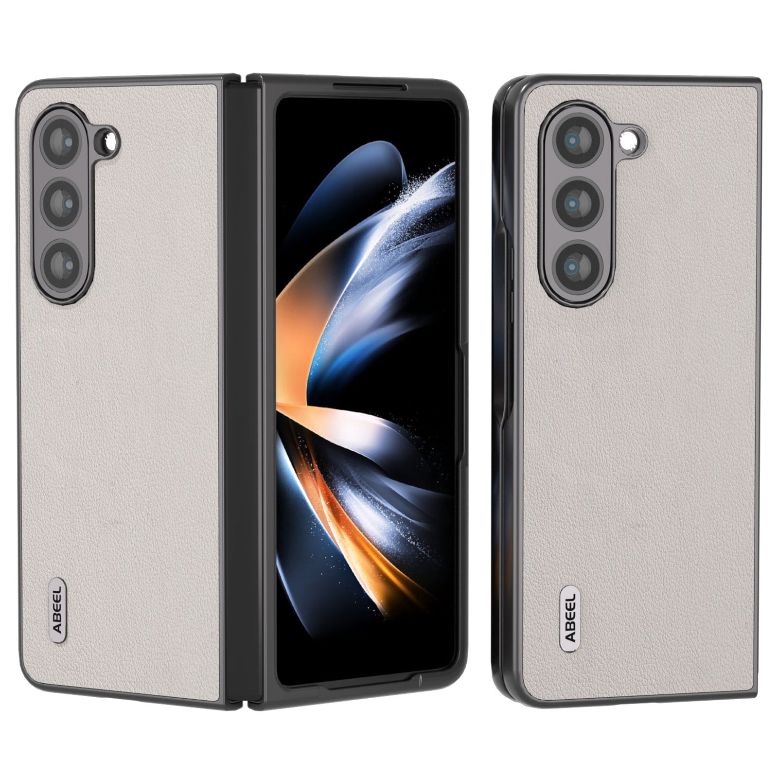 ABEEL For Samsung Galaxy Z Fold5 5G Genuine Cow Leather Hard PC Shell Black Edge Phone Case Cover
