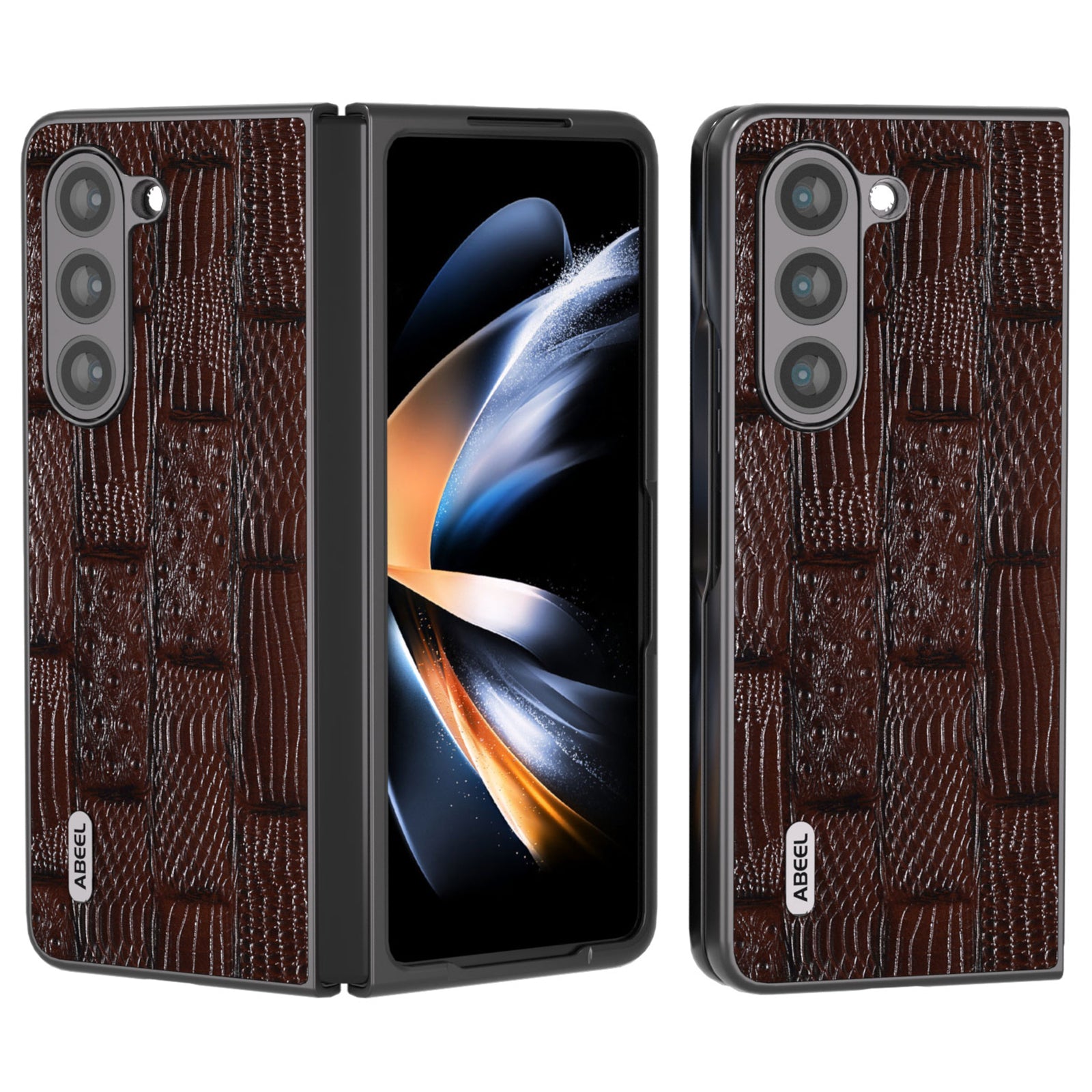 ABEEL For Samsung Galaxy Z Fold5 5G Mahjong Texture Phone Case Genuine Cow Leather Coated PC Shockproof Cover
